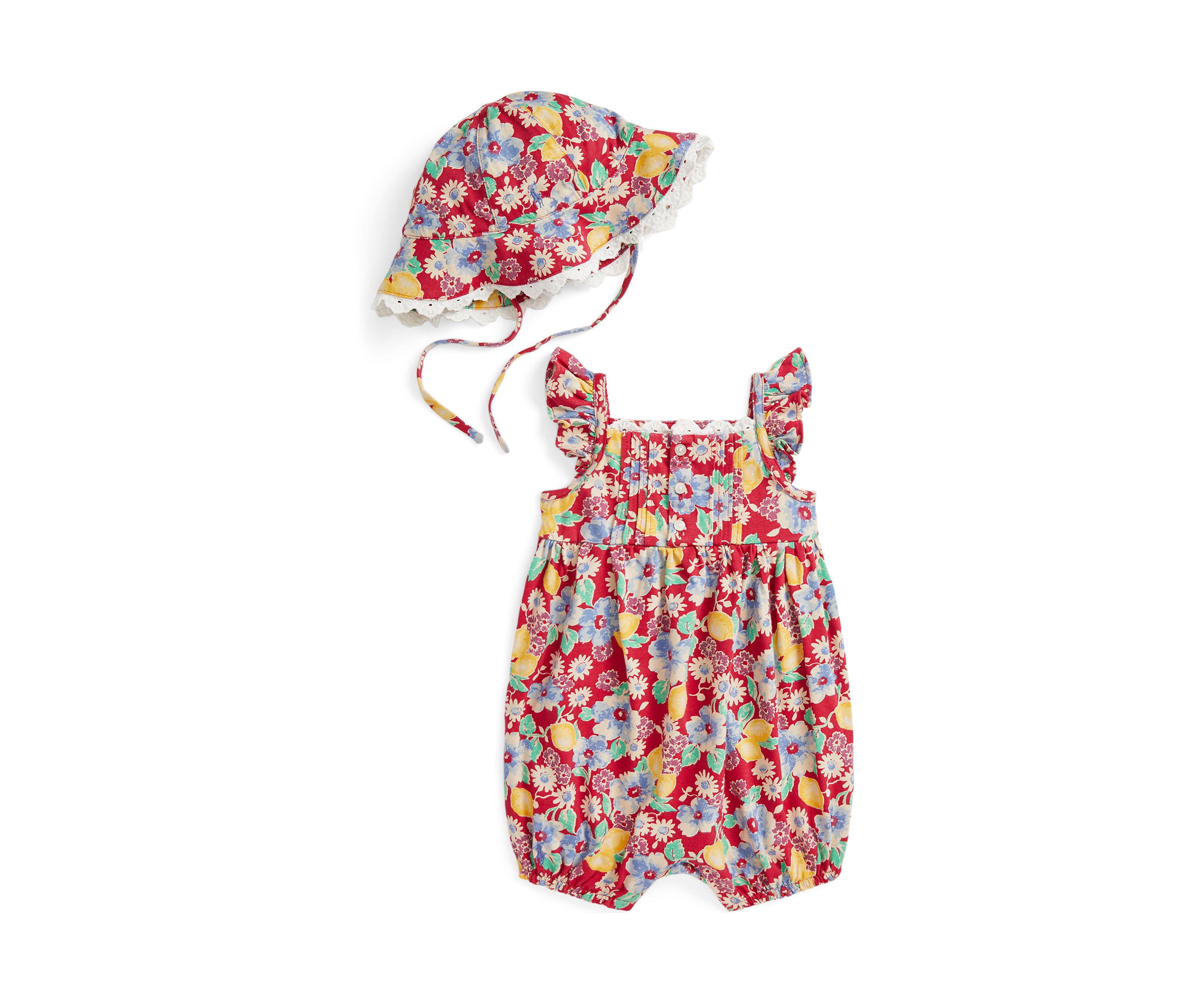 Baby Girls Floral Cotton Jersey Shortall & Hat Set