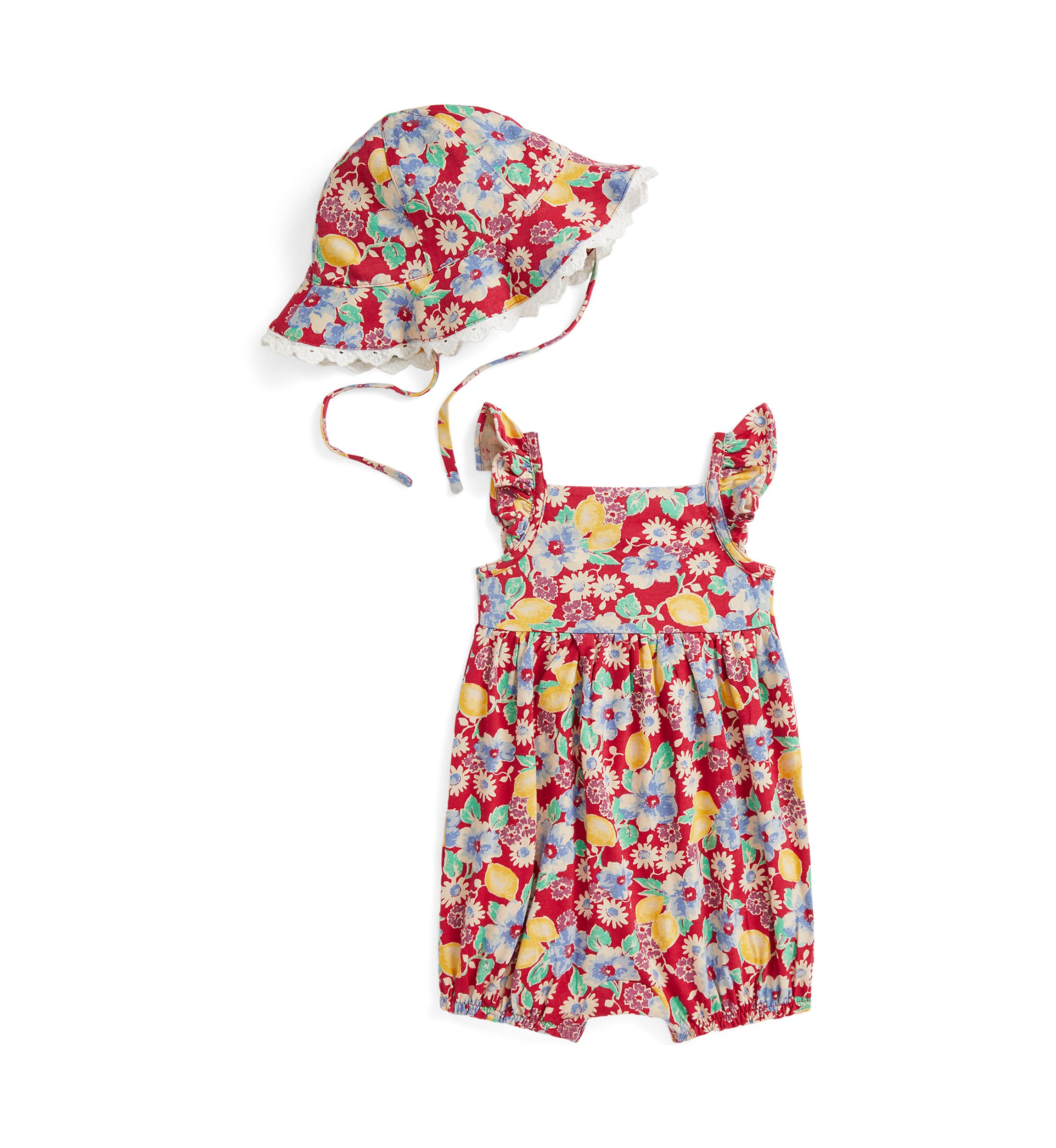 Baby Girls Floral Cotton Jersey Shortall & Hat Set