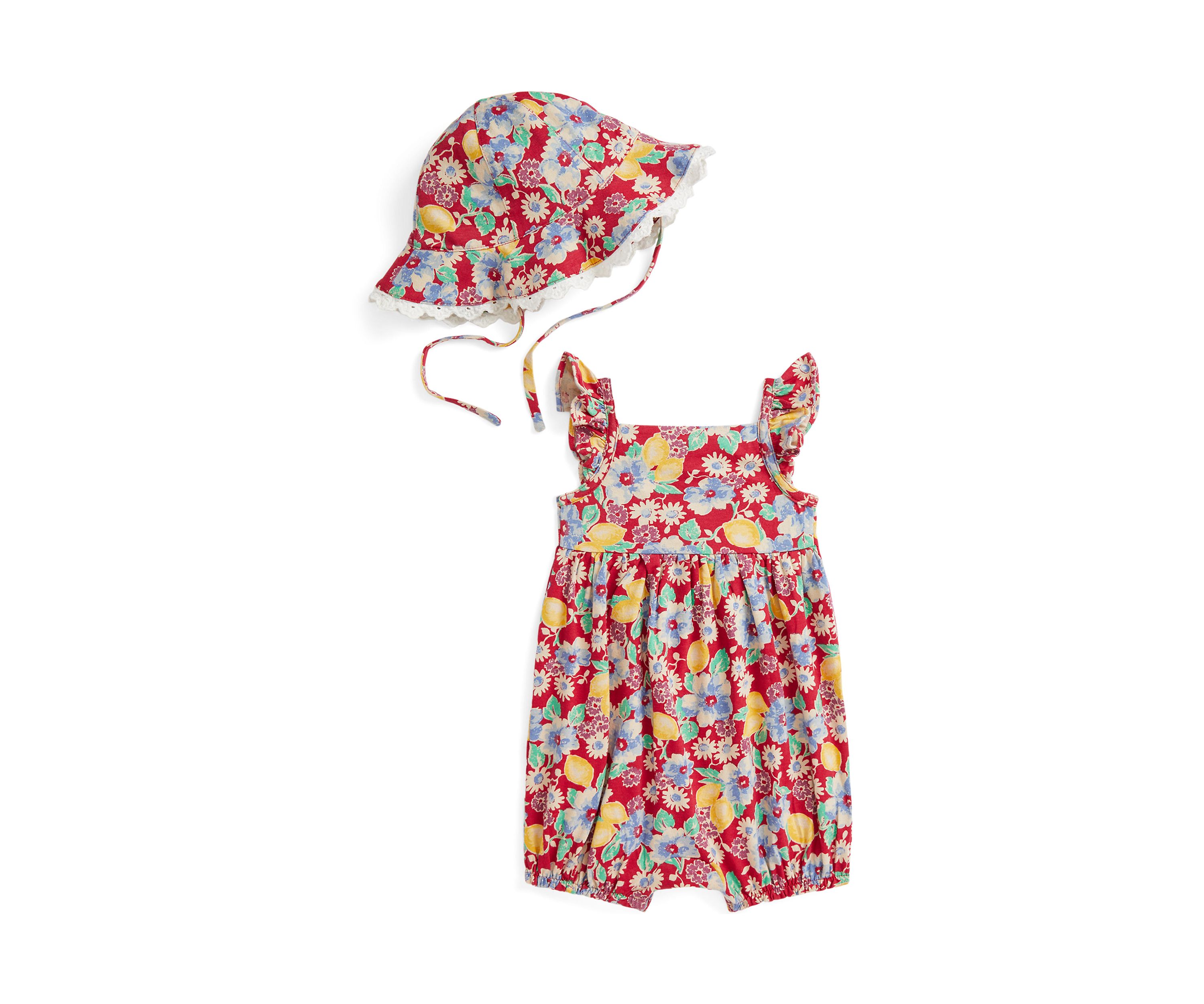 Baby Girls Floral Cotton Jersey Shortall & Hat Set