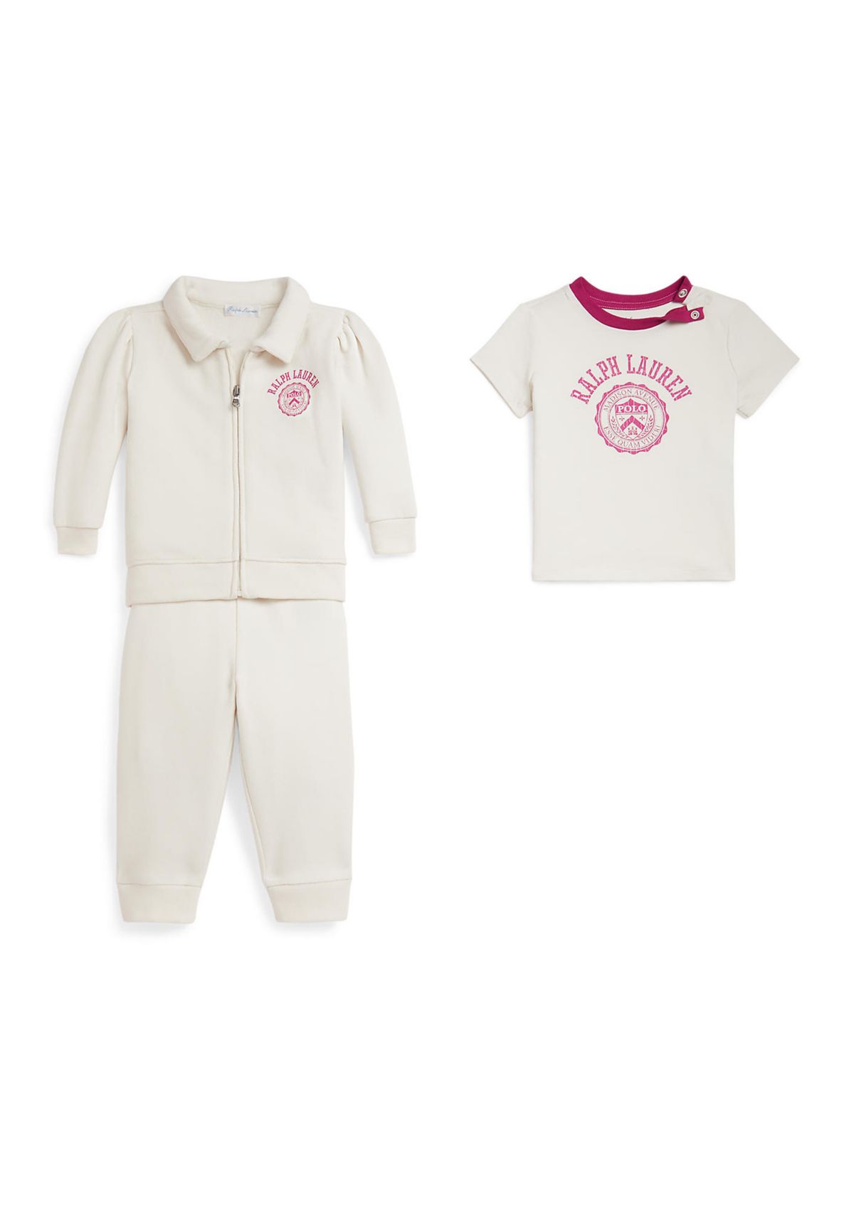 Baby Girls Logo Crest Tee, Fleece Jacket & Pants Set