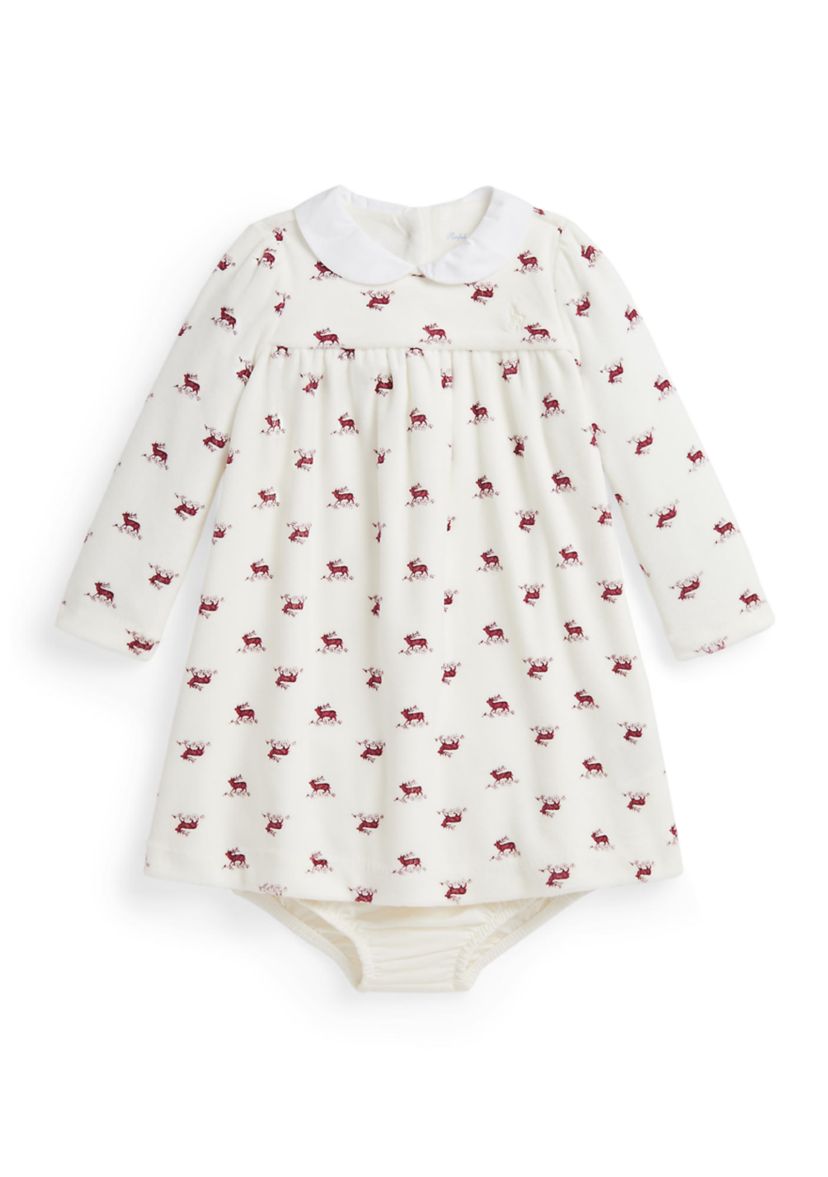 Baby Girls Elk-Print Velour Dress & Bloomer