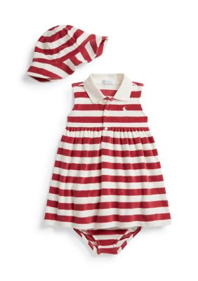 Ralph Lauren Childrenswear Baby Girls Striped Terry Polo Dress, Hat & Bloomer, Red, 9 Months