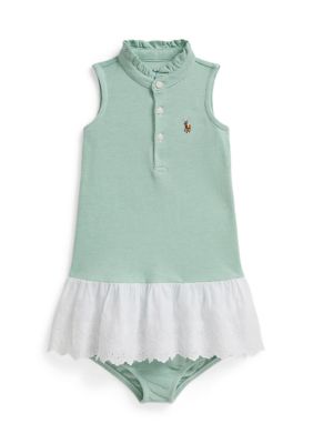 Ralph Lauren Childrenswear Baby Girls Eyelet Cotton Mesh Dress & Bloomer, Green, 6 Months