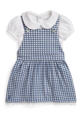 Ralph Lauren Childrenswear Baby Girls Cotton Bodysuit & Gingham Dress, Blue, 12 Months