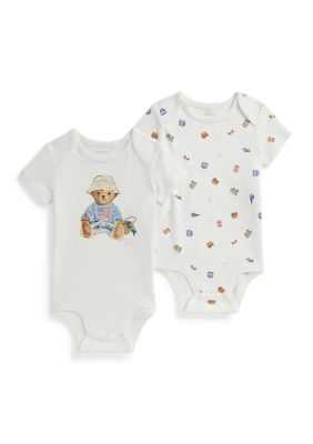 Ralph Lauren Childrenswear Baby Girls Polo Bear Cotton Bodysuit 2-Pack, 9 Months