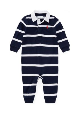 Ralph Lauren Childrenswear Baby Boys Striped Cotton Rugby Coveralls, Navy Blue, Newborn