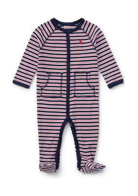 Ralph Lauren Childrenswear Baby Boys Striped Cotton Coveralls, Navy Blue, 9 Months