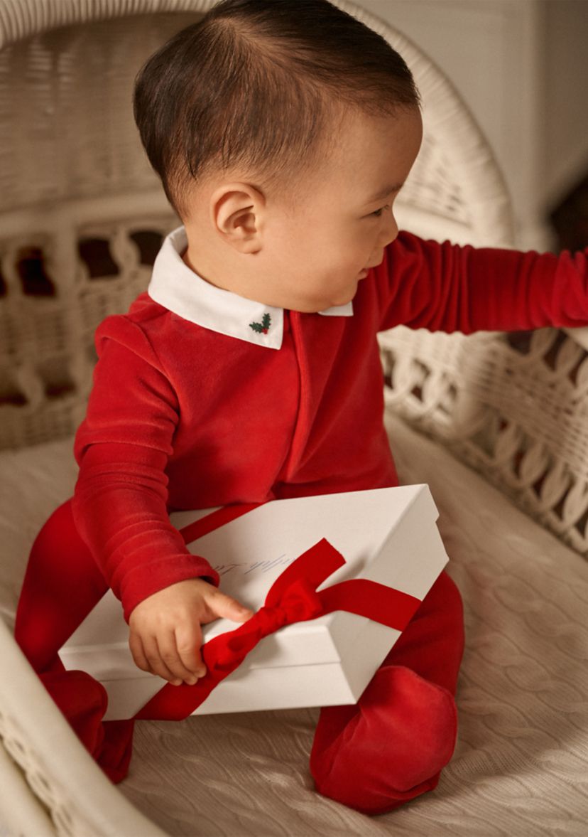 Baby Boys Embroidered Velour Footed Coverall