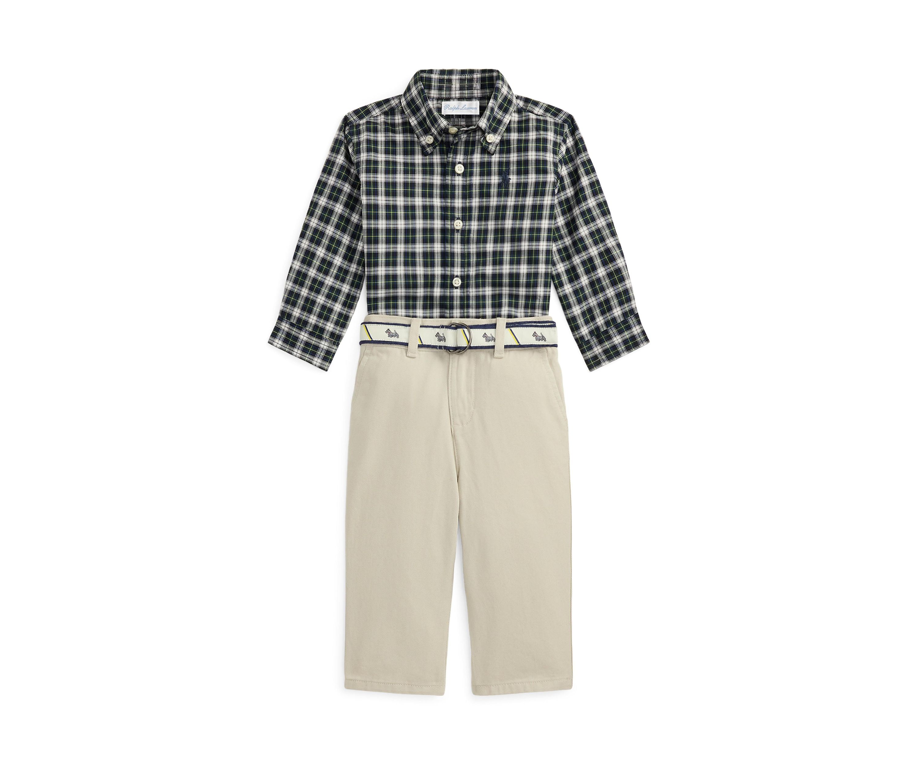 Baby Boys Plaid Shirt, Belt & Canvas Pant Set