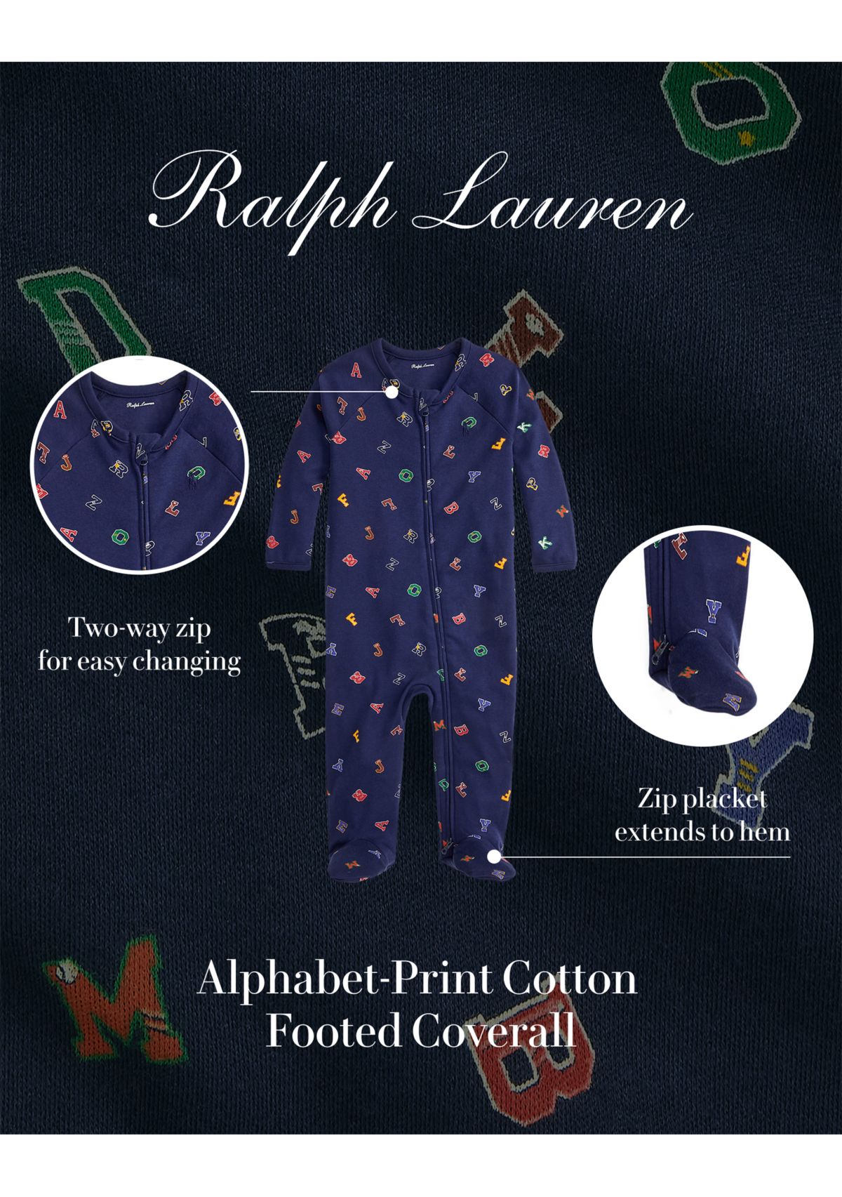 Baby Boys Alphabet Printed Cotton Footed Zip Coverall