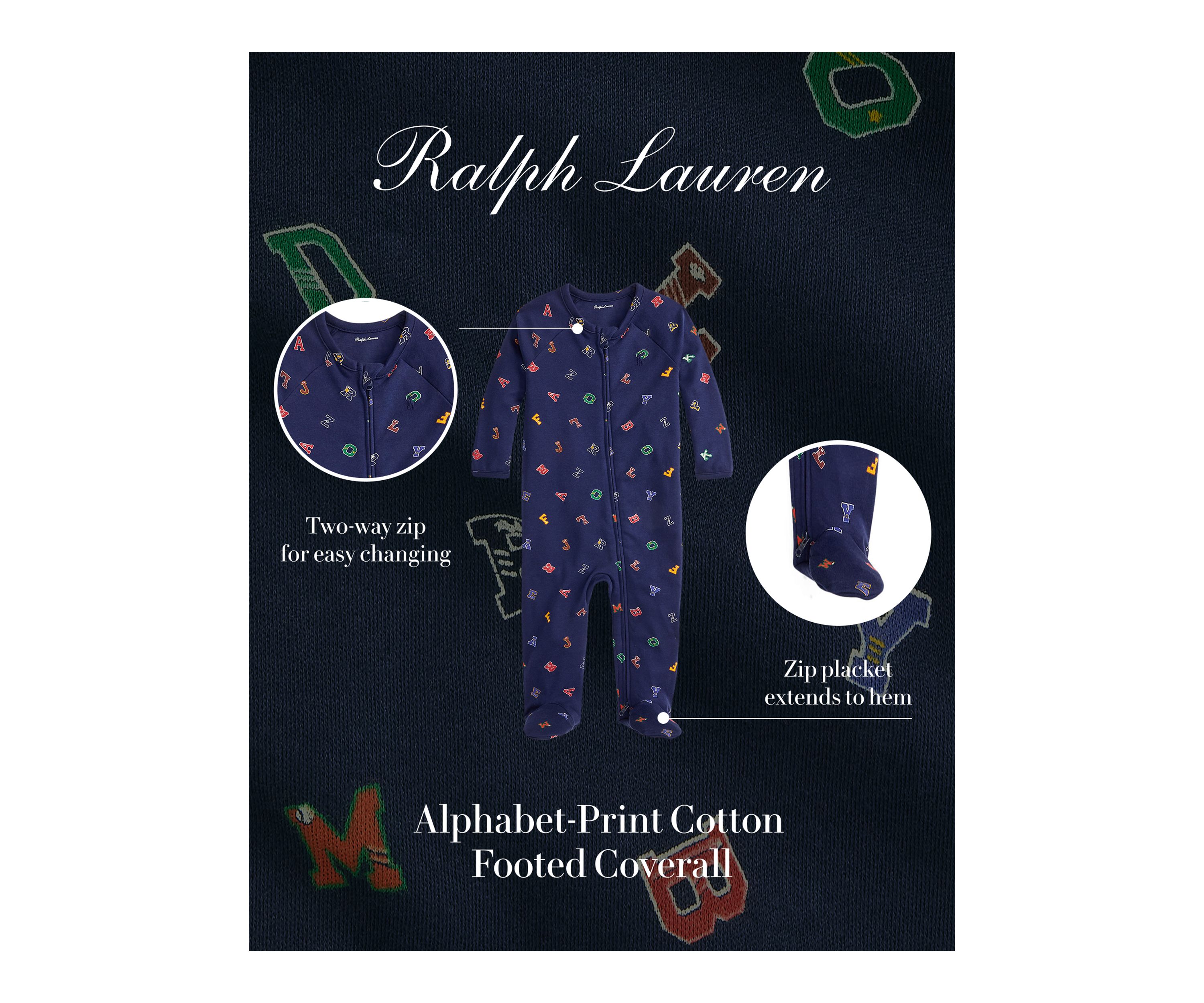Baby Boys Alphabet Printed Cotton Footed Zip Coverall