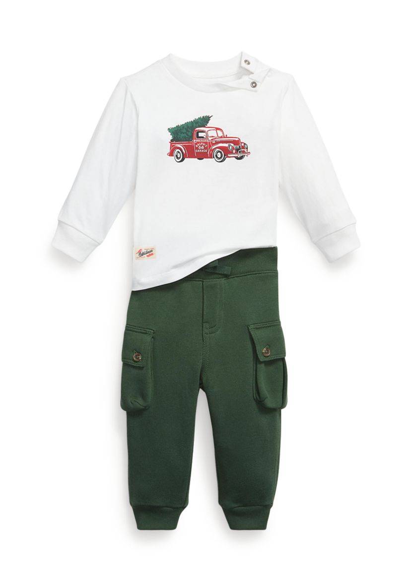 Baby Boys Truck-Print Jersey Tee & Fleece Pant Set
