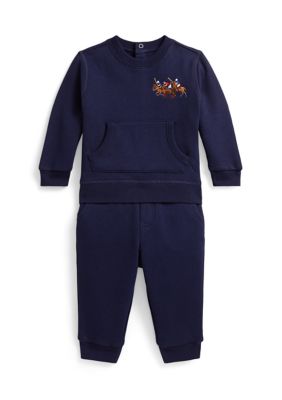 Ralph Lauren Childrenswear Baby Boys Triple-Pony Fleece Sweatshirt & Pant Set, Navy Blue, 3 Months
