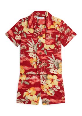 Ralph Lauren Childrenswear Baby Boys Floral-Print Cotton Shirt and Shorts Set, Red, 9 Months