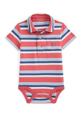 Ralph Lauren Childrenswear Baby Boys Striped Cotton Jersey Polo Bodysuit, Red, 9 Months