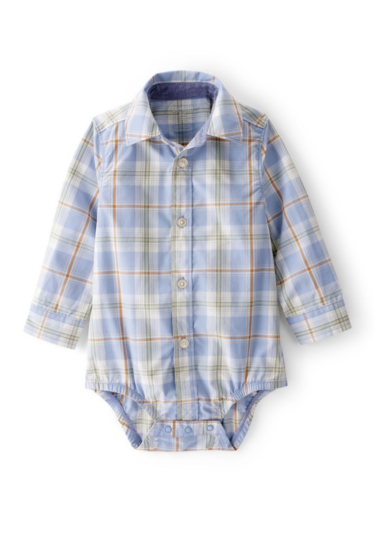 Baby Boys Poplin Plaid Button-Front Long-Sleeve Bodysuit