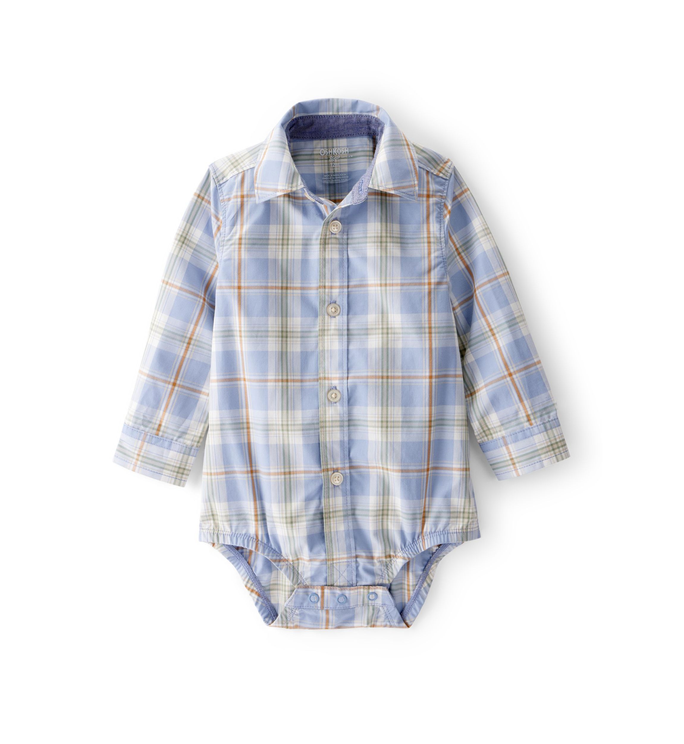 Baby Boys Poplin Plaid Button-Front Long-Sleeve Bodysuit