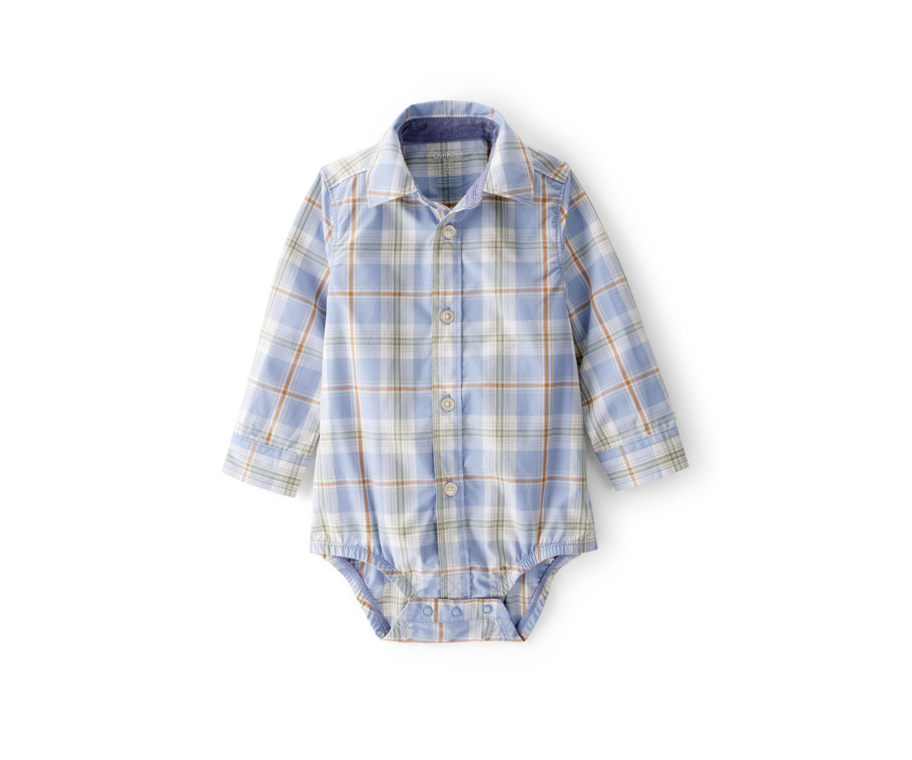 Baby Boys Poplin Plaid Button-Front Long-Sleeve Bodysuit