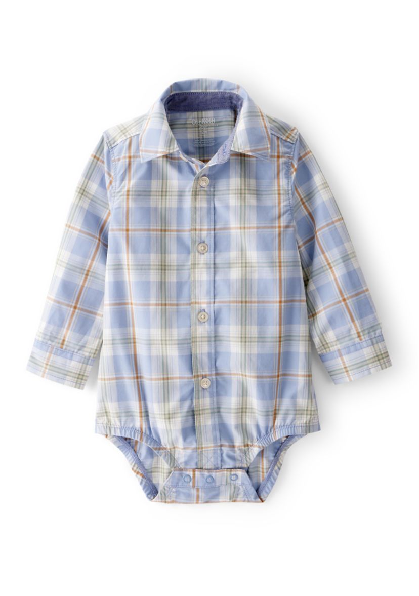 Baby Boys Poplin Plaid Button-Front Long-Sleeve Bodysuit