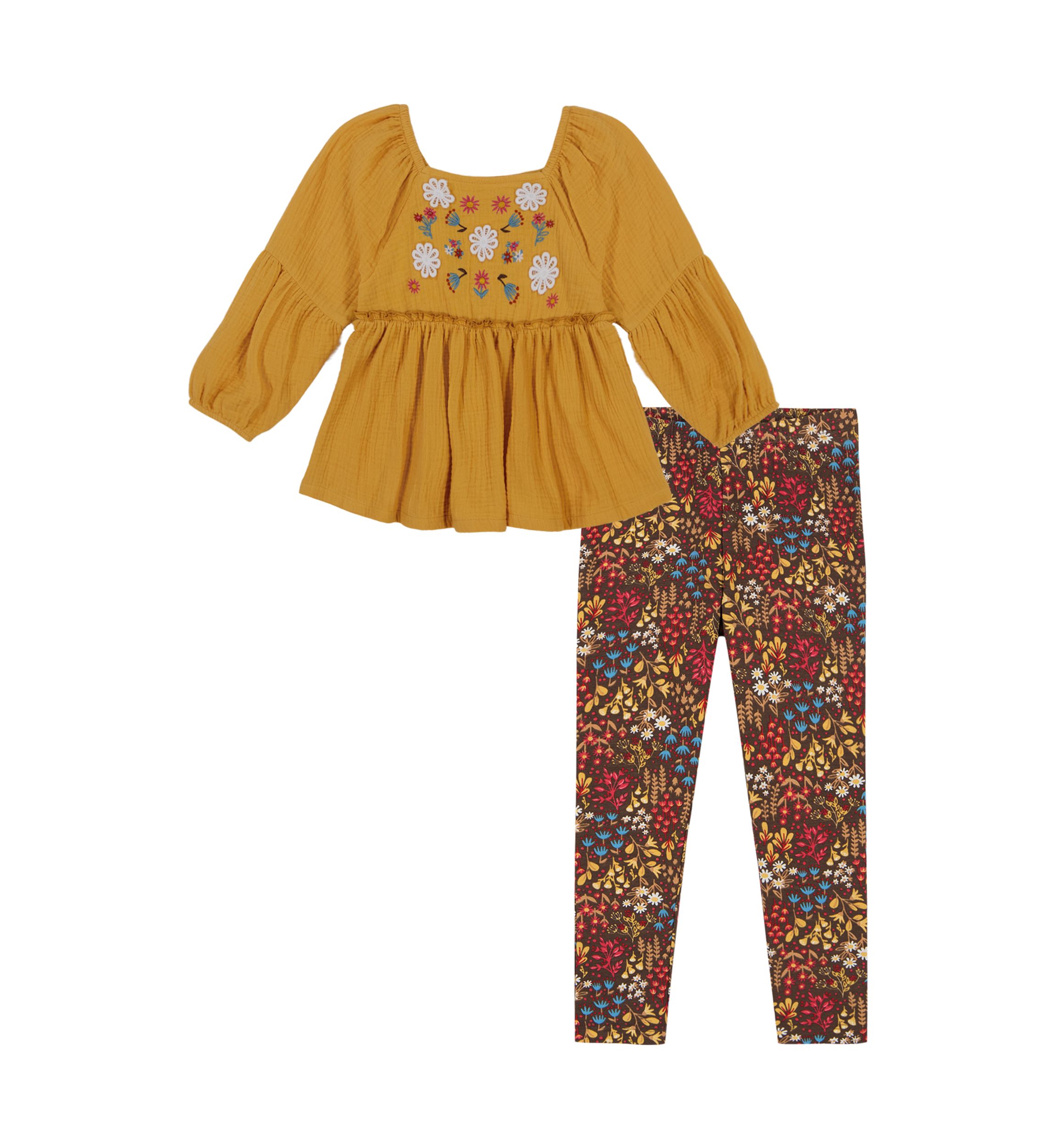 Baby Girls Embroidered Top and Printed Leggings Set