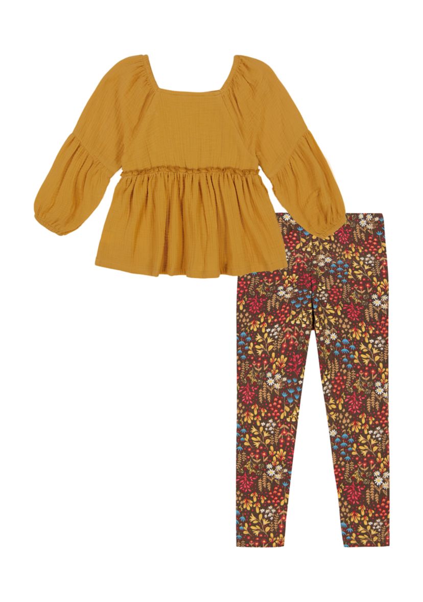 Baby Girls Embroidered Top and Printed Leggings Set