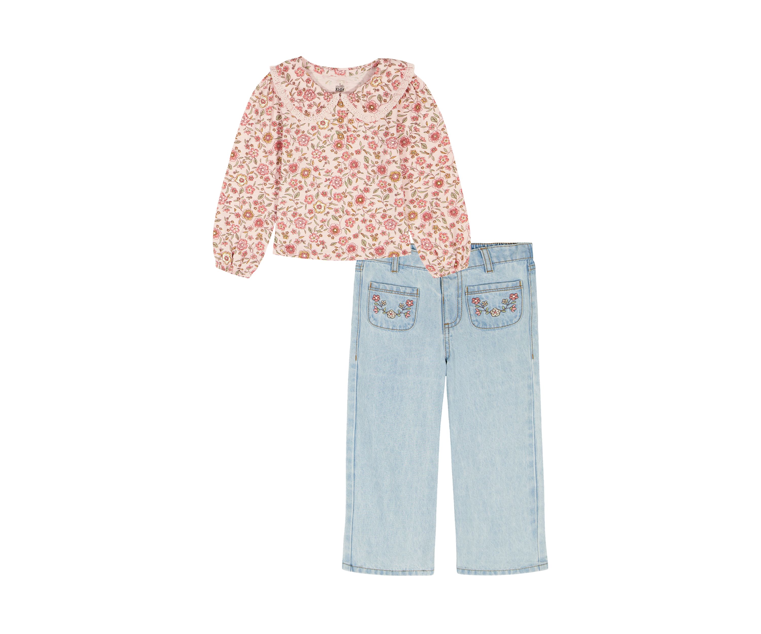 Toddler Girls Knit Top and Two Piece Denim Set