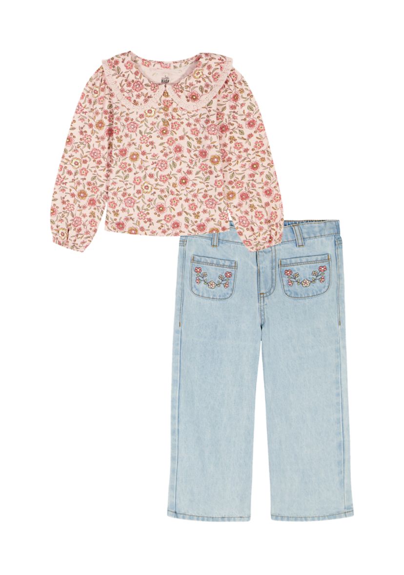 Toddler Girls Knit Top and Two Piece Denim Set