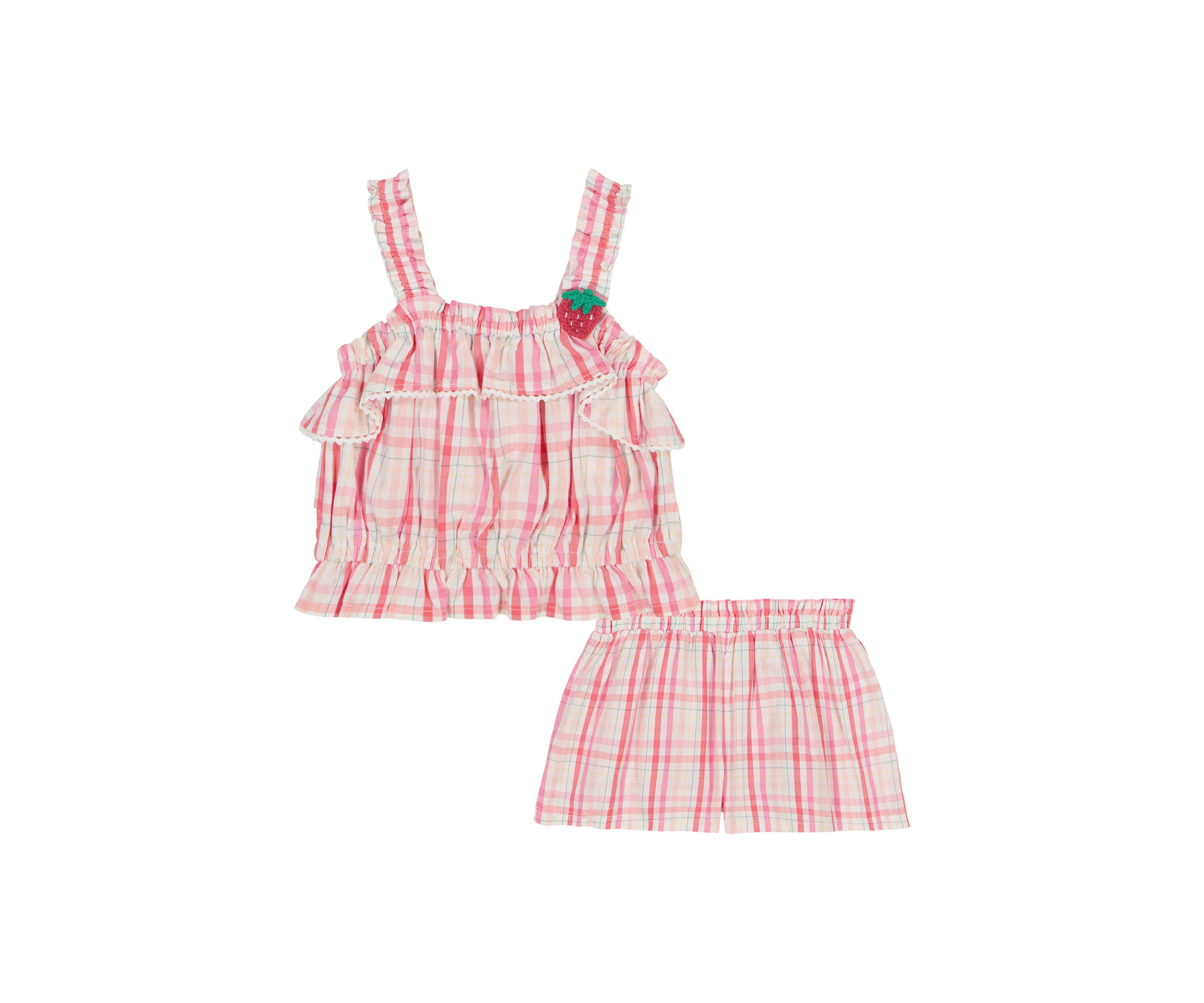 Toddler Girls Strawberry Plaid Printed Top and Shorts Set