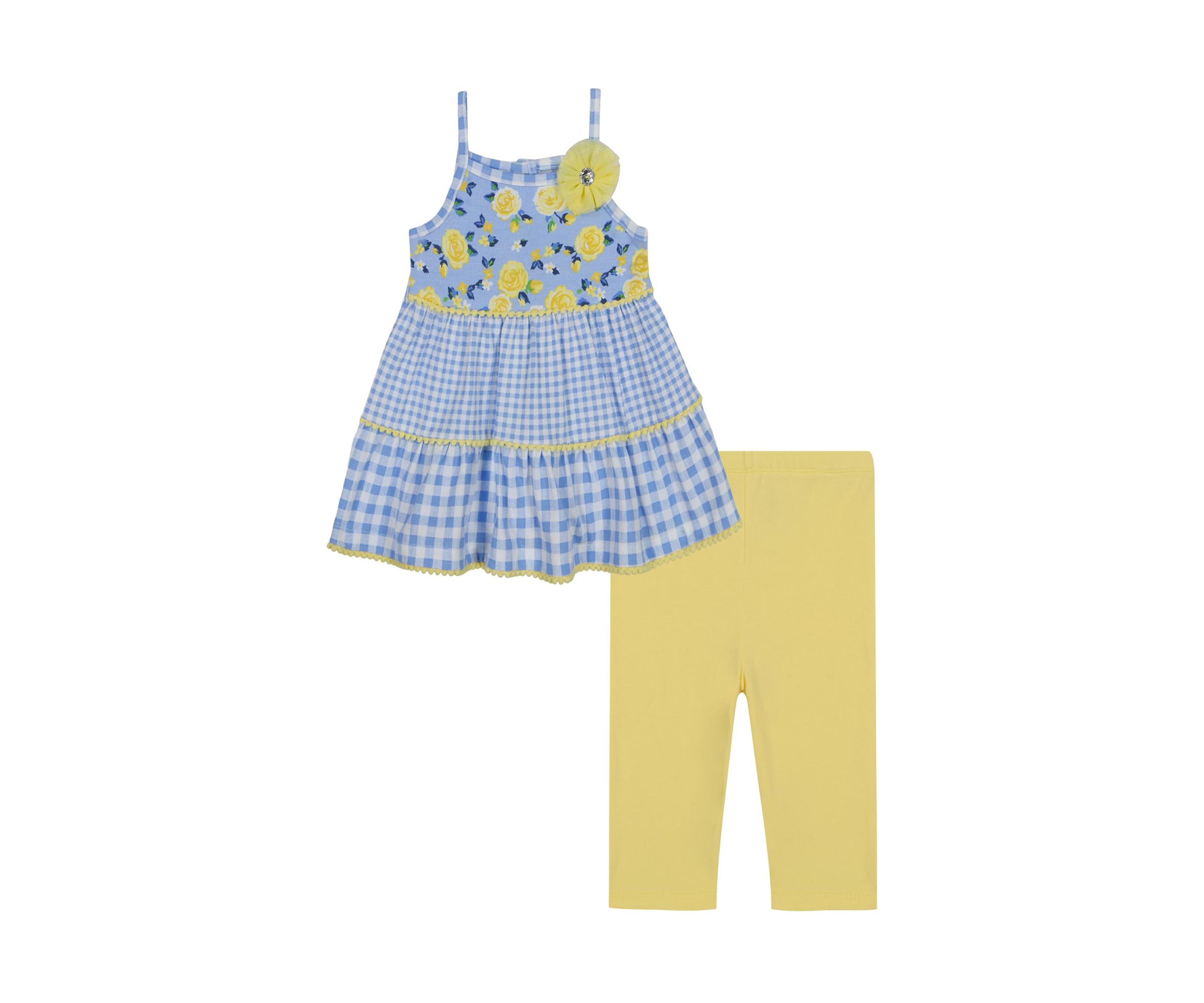 Baby Girls Gingham Printed Floral Appliqué Top and Leggings Set