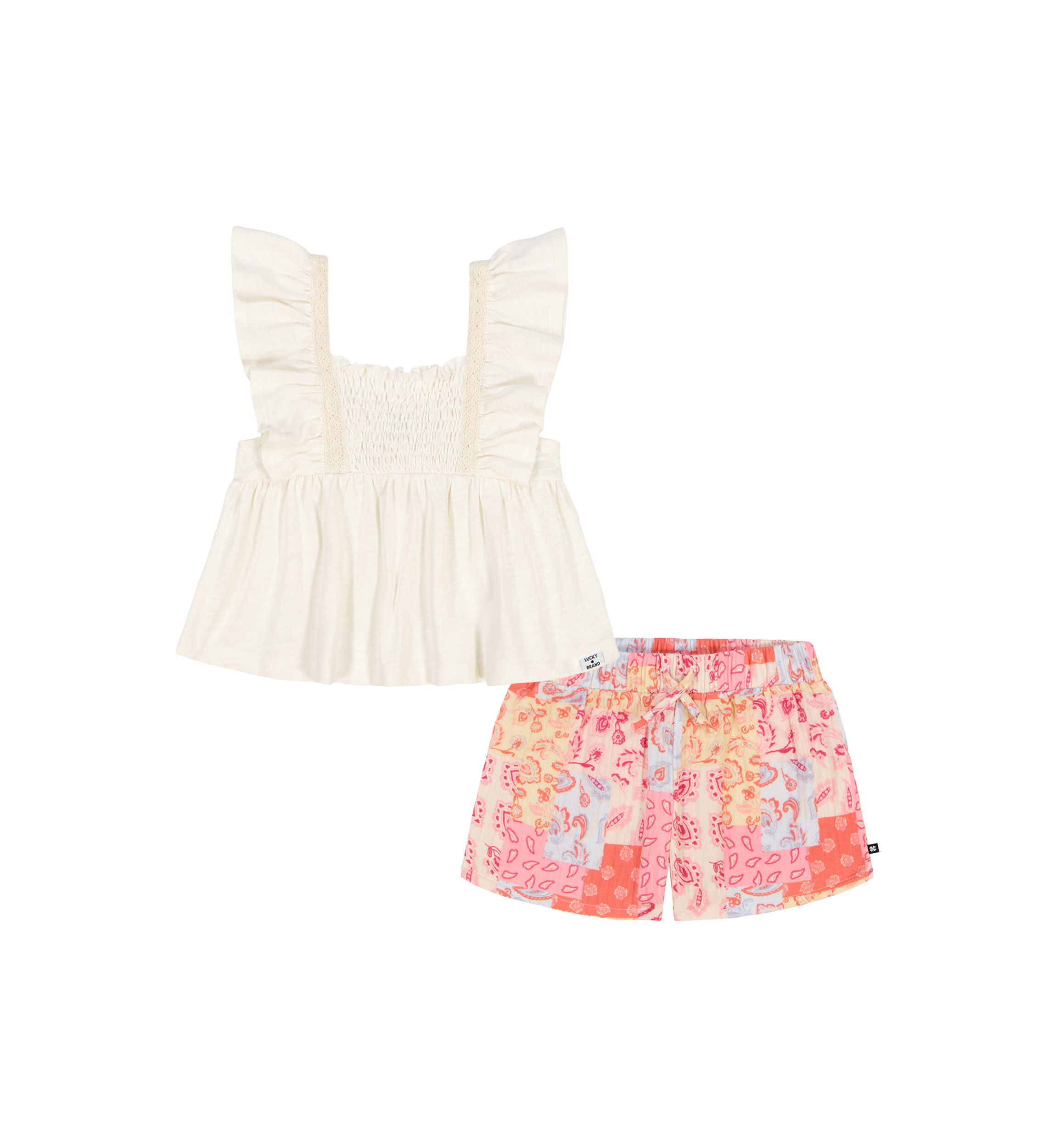 Toddler Girls Short Flutter Sleeve Top and Printed Shorts Set