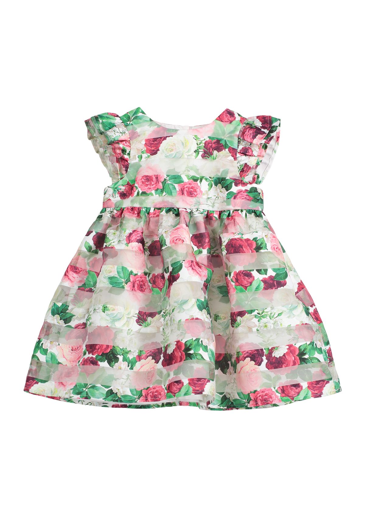 Baby Girls Organza Striped Floral Printed Dress with Diaper Cover
