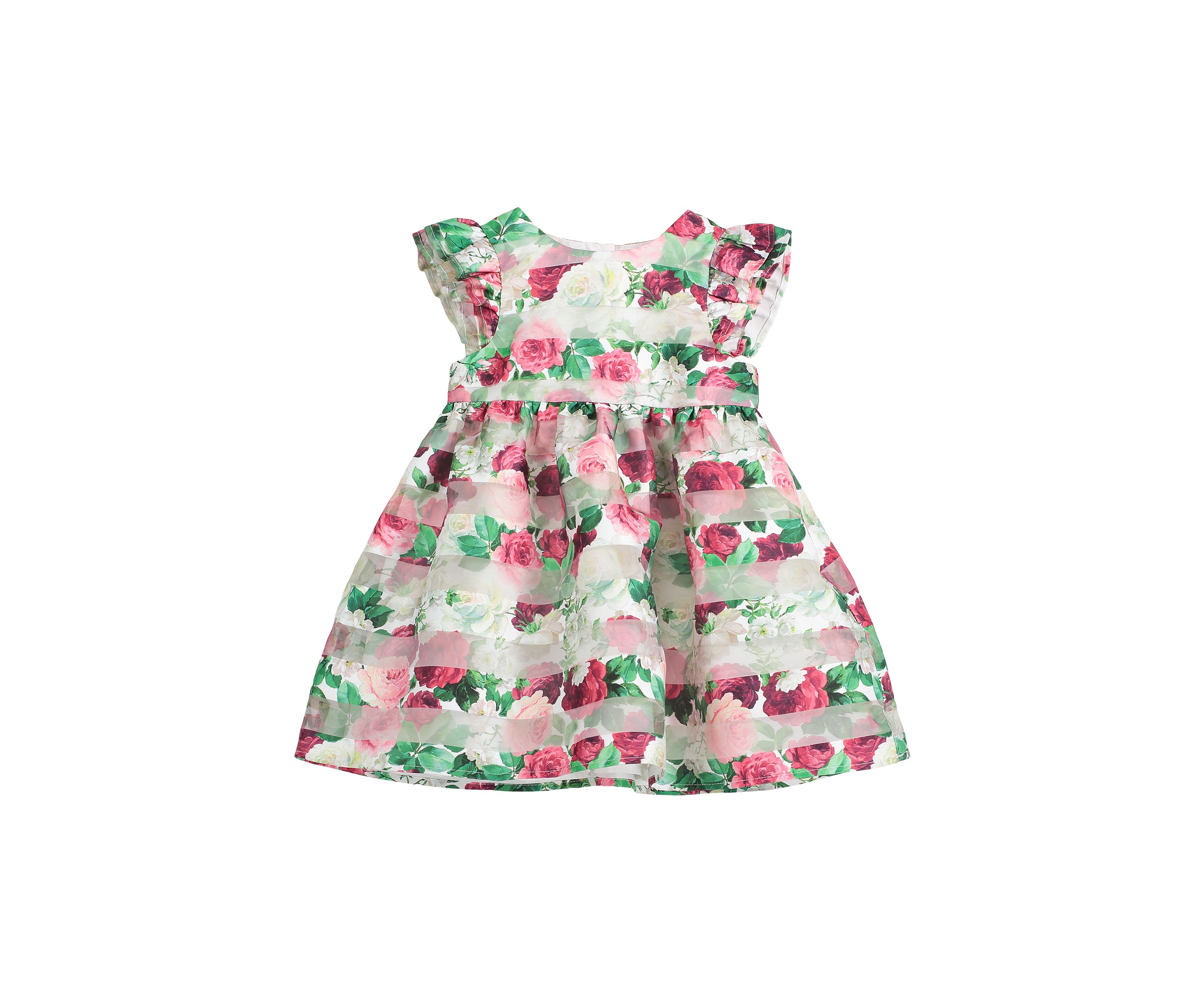 Baby Girls Organza Striped Floral Printed Dress with Diaper Cover