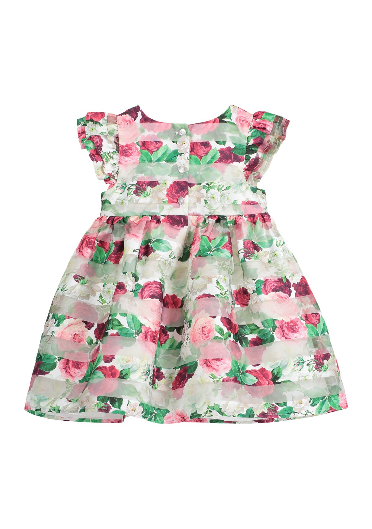 Baby Girls Organza Striped Floral Printed Dress with Diaper Cover