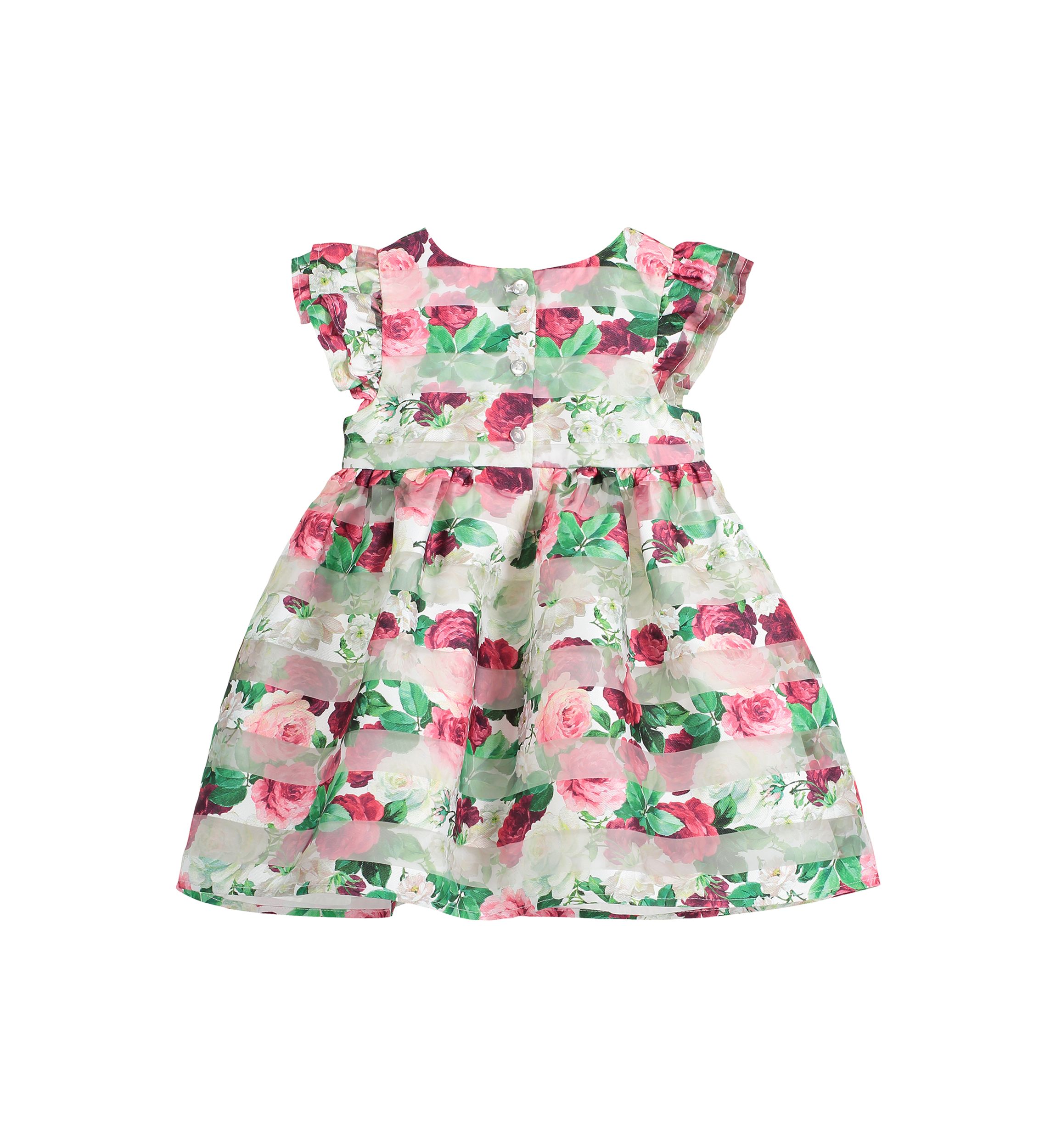 Baby Girls Organza Striped Floral Printed Dress with Diaper Cover