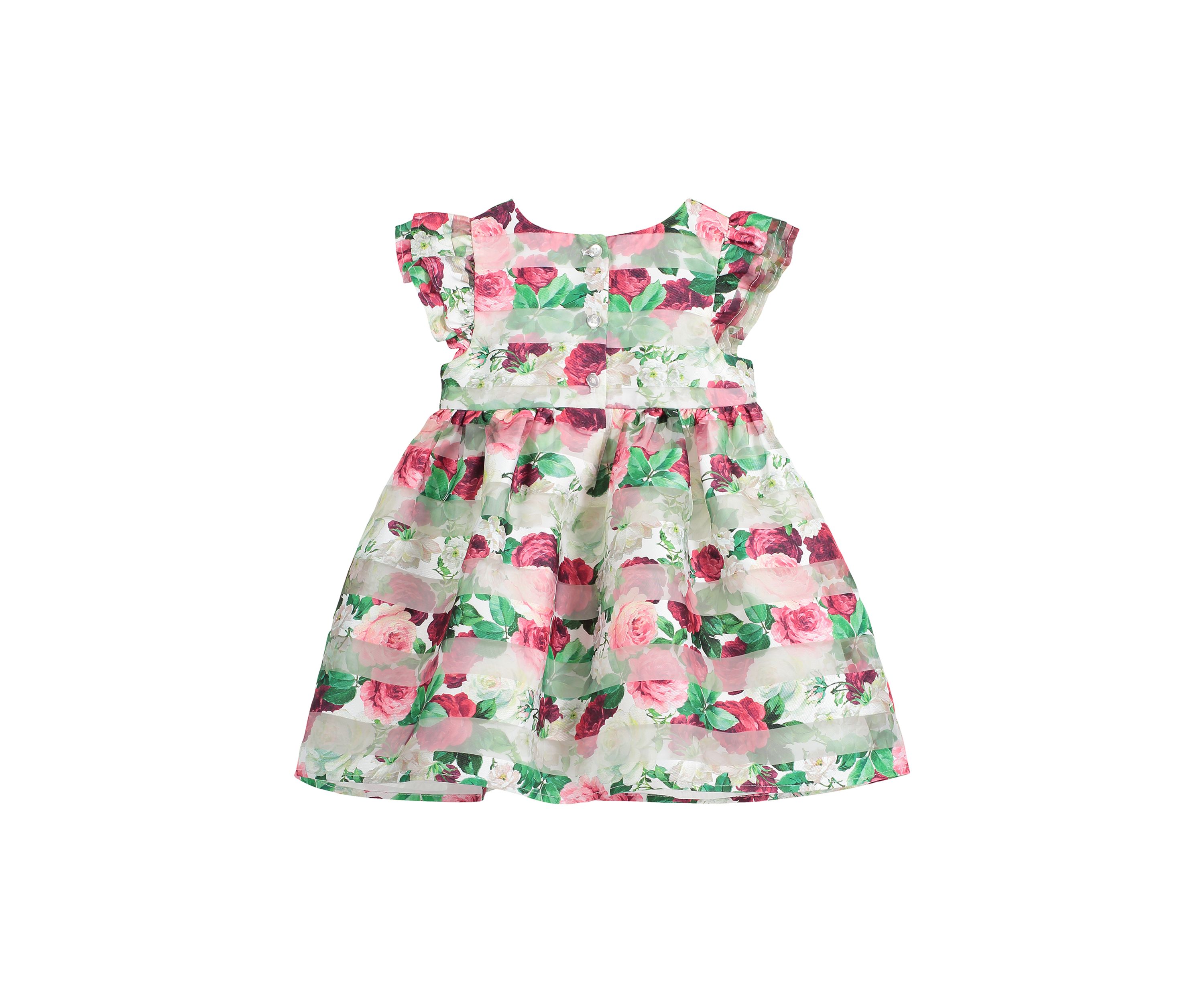 Baby Girls Organza Striped Floral Printed Dress with Diaper Cover