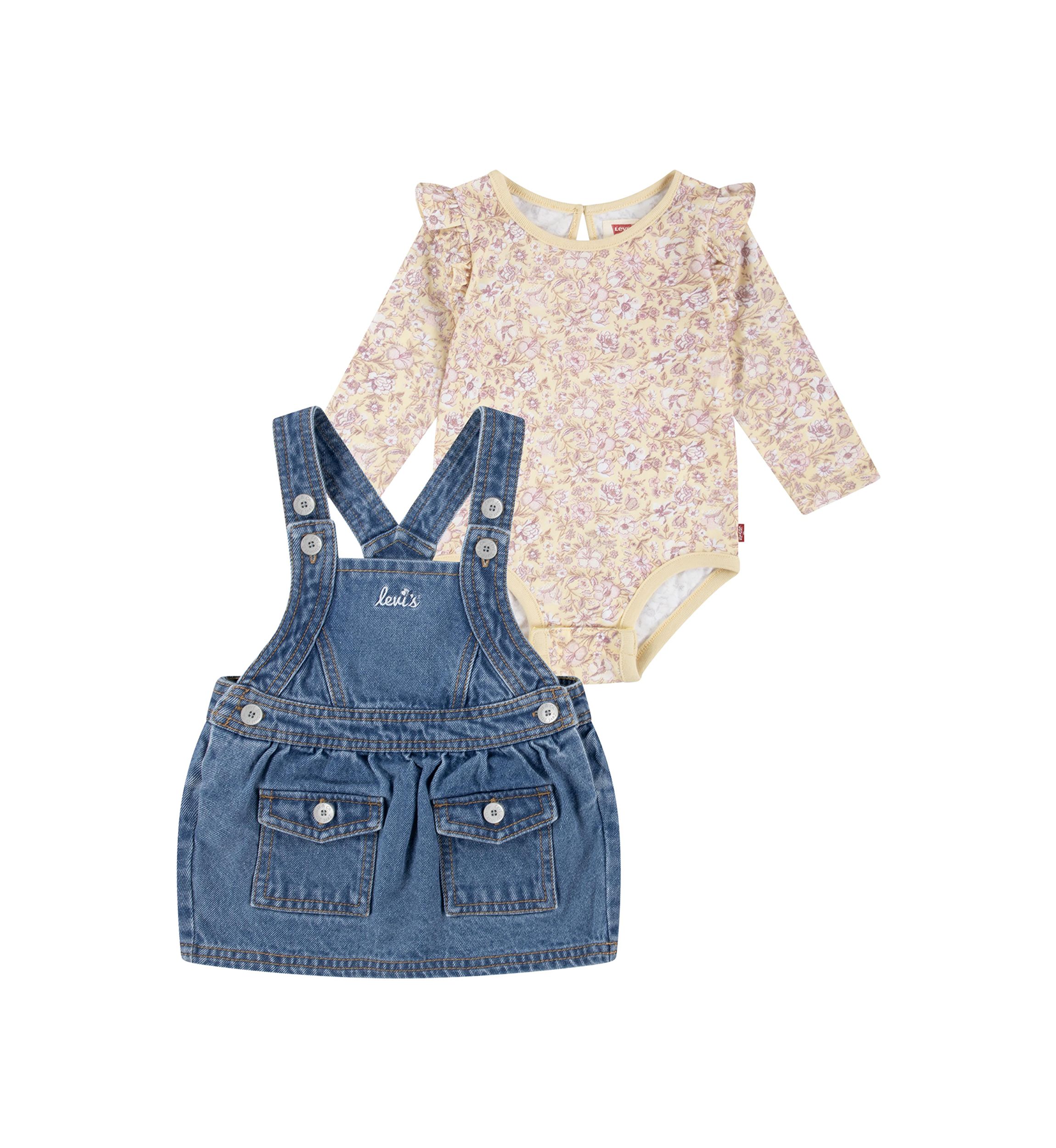Baby Girls Printed Pinafore Bodysuit and Denim Skirtall Set