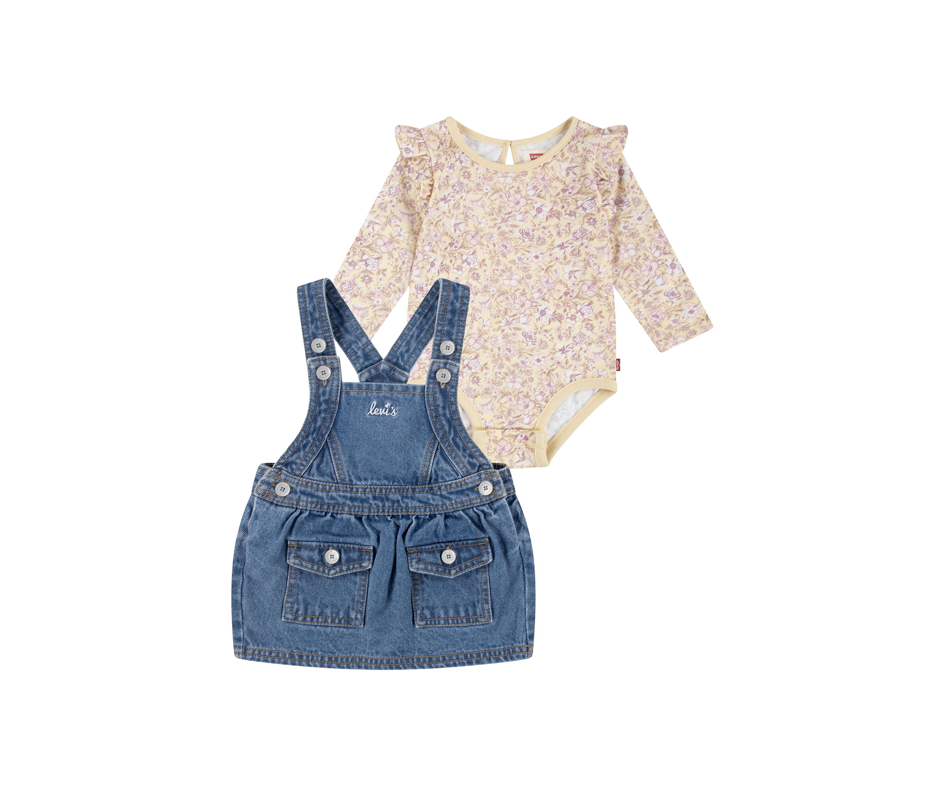 Baby Girls Printed Pinafore Bodysuit and Denim Skirtall Set