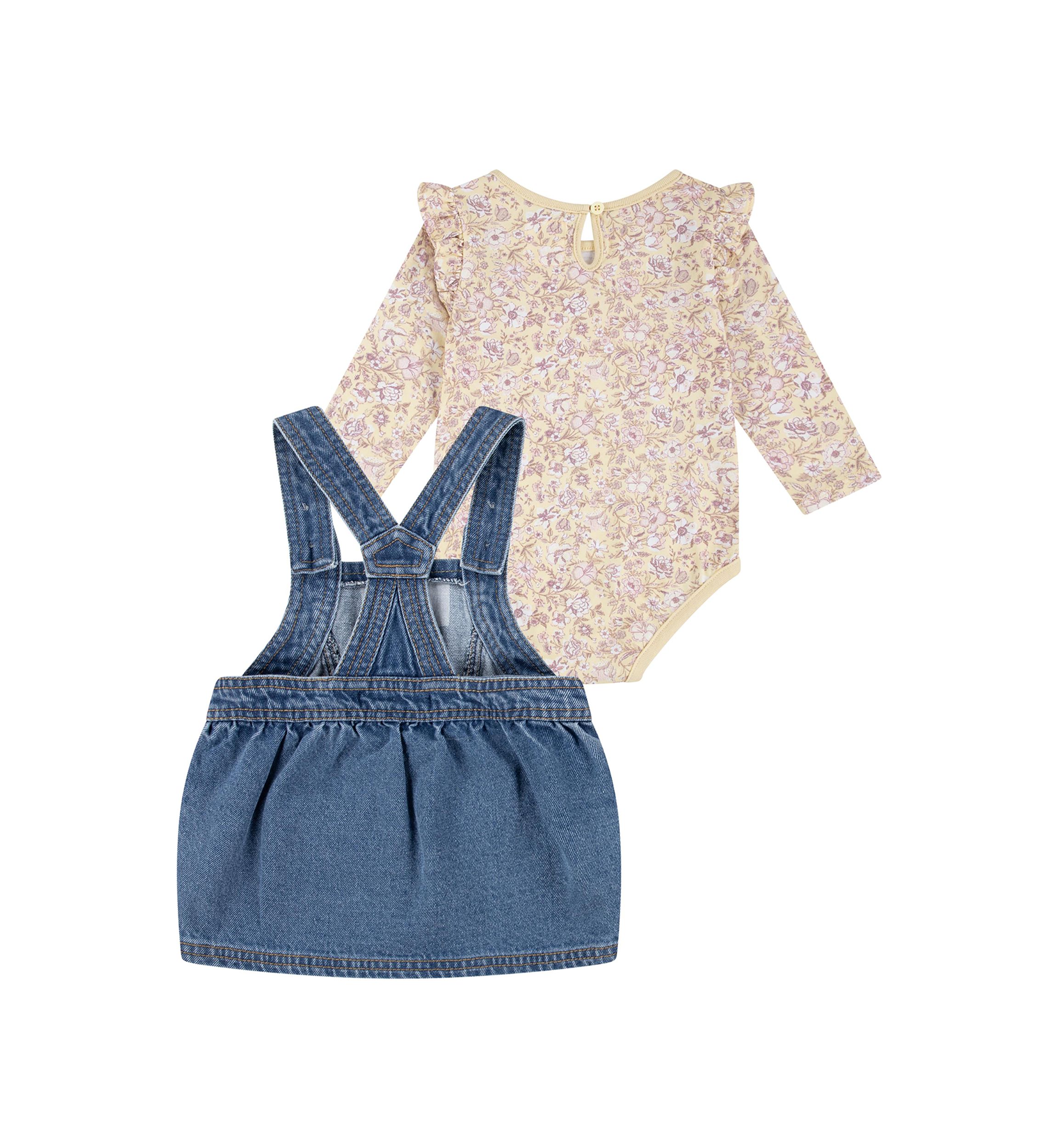 Baby Girls Printed Pinafore Bodysuit and Denim Skirtall Set