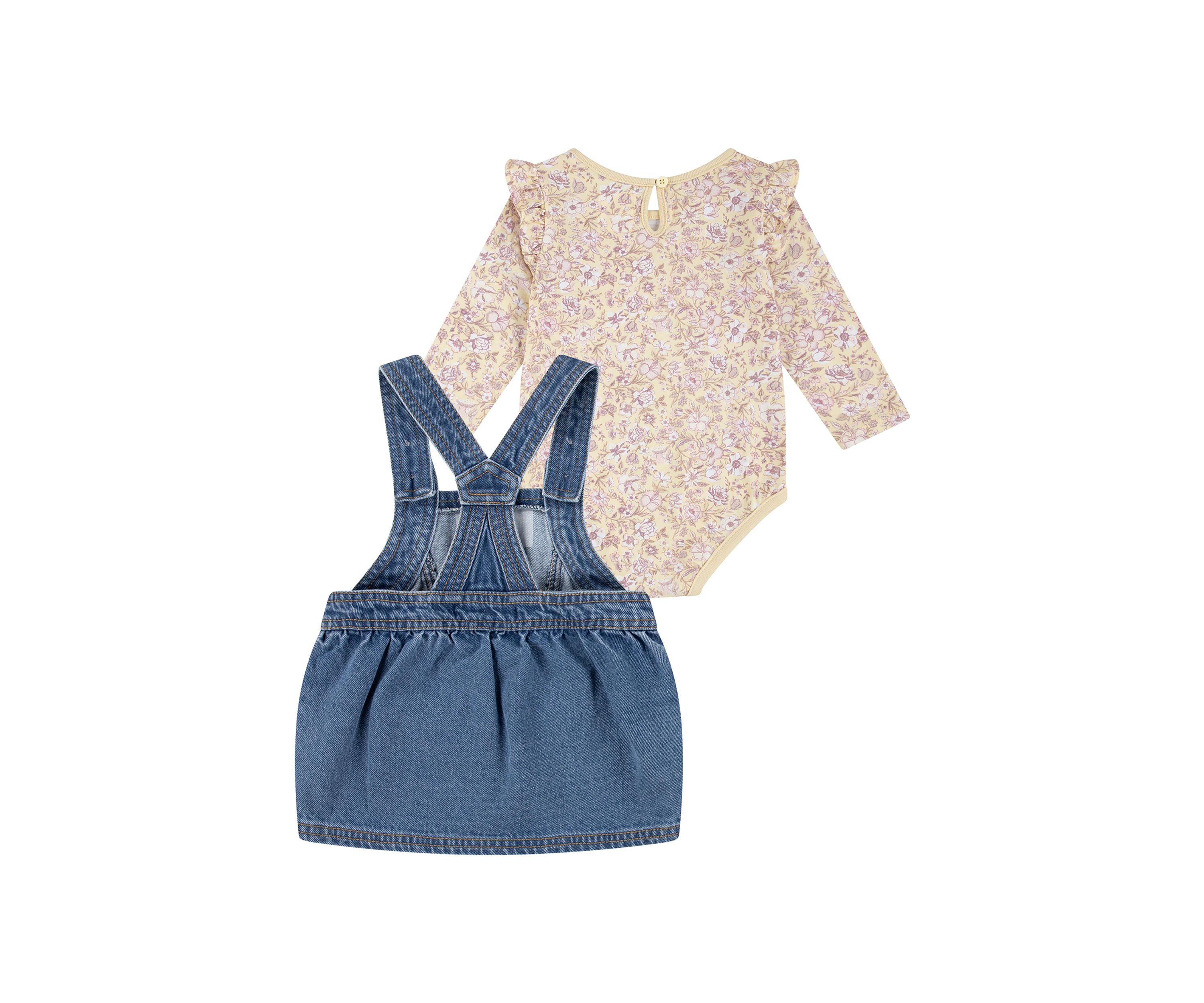 Baby Girls Printed Pinafore Bodysuit and Denim Skirtall Set