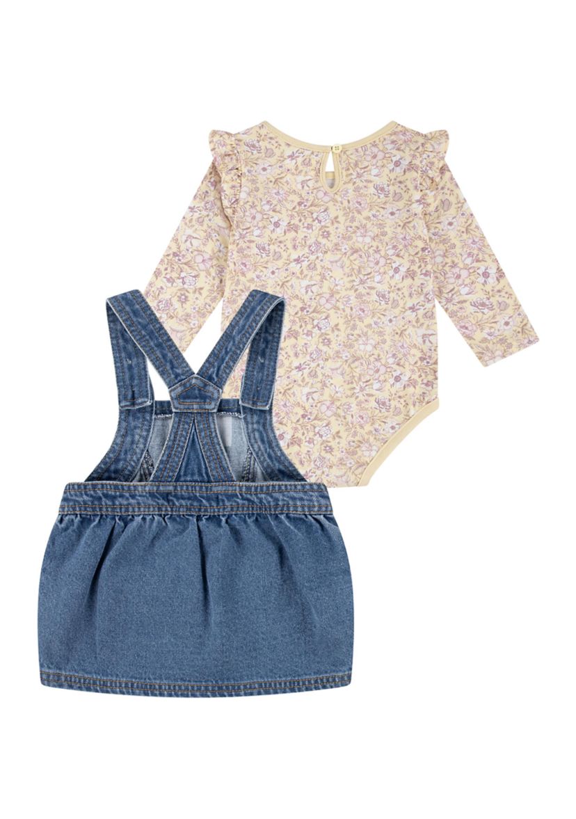 Baby Girls Printed Pinafore Bodysuit and Denim Skirtall Set