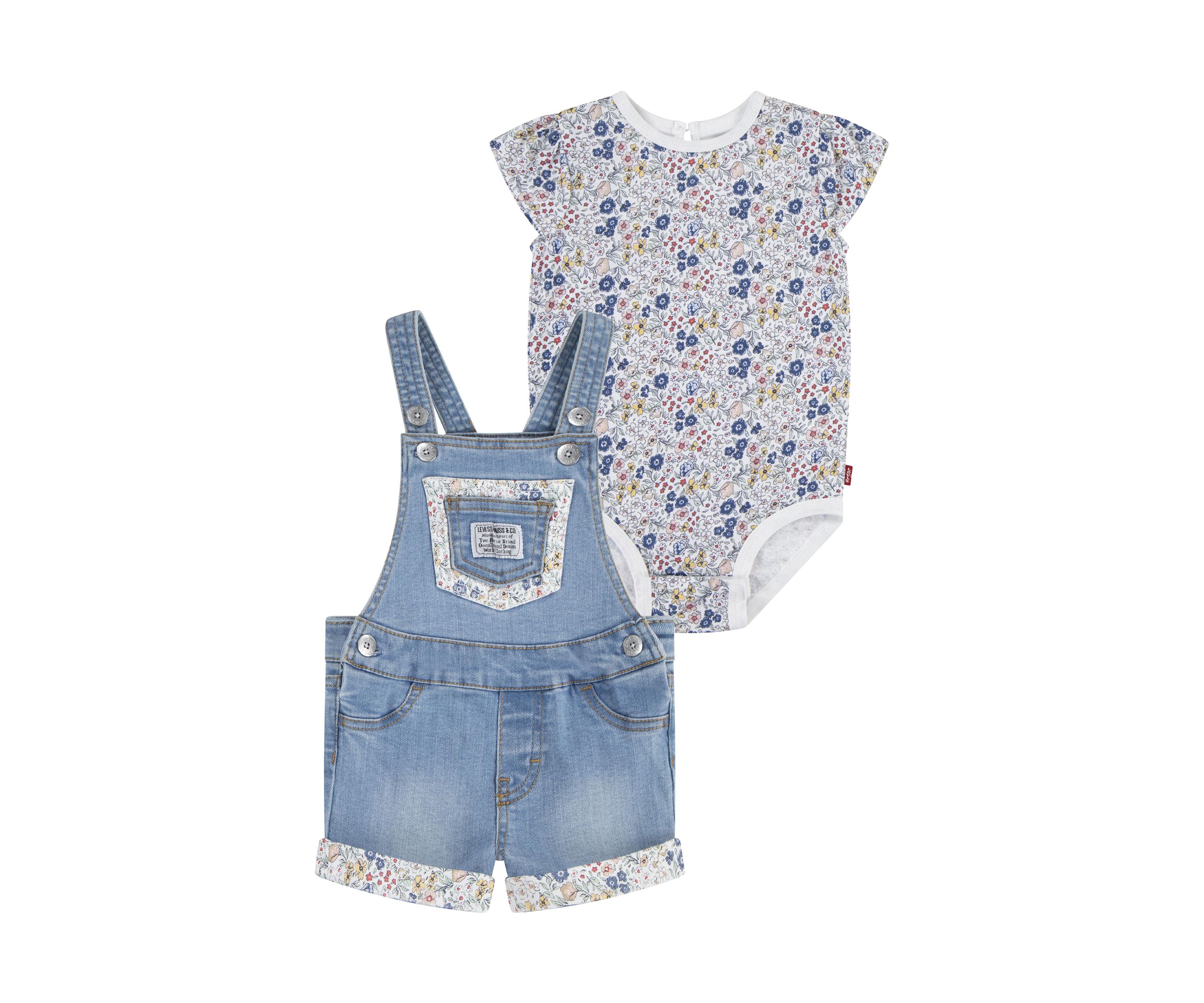Baby Girls Rolled Cuff Shortall and Printed Bodysuit Set
