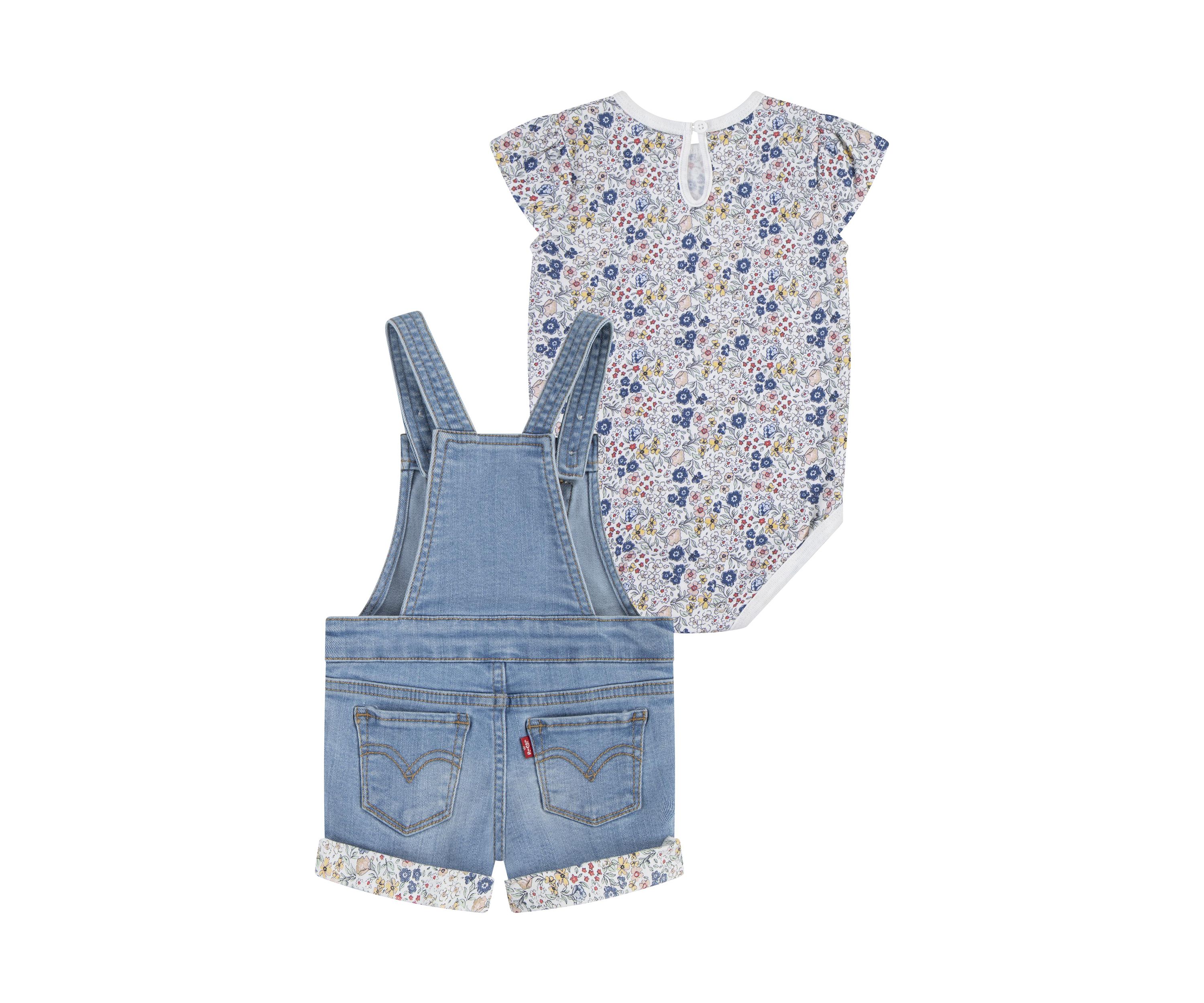 Baby Girls Rolled Cuff Shortall and Printed Bodysuit Set