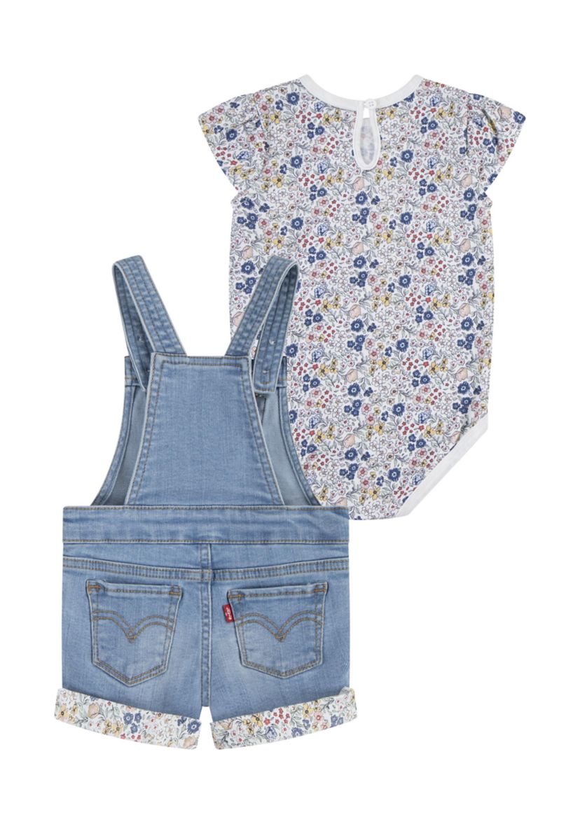 Baby Girls Rolled Cuff Shortall and Printed Bodysuit Set