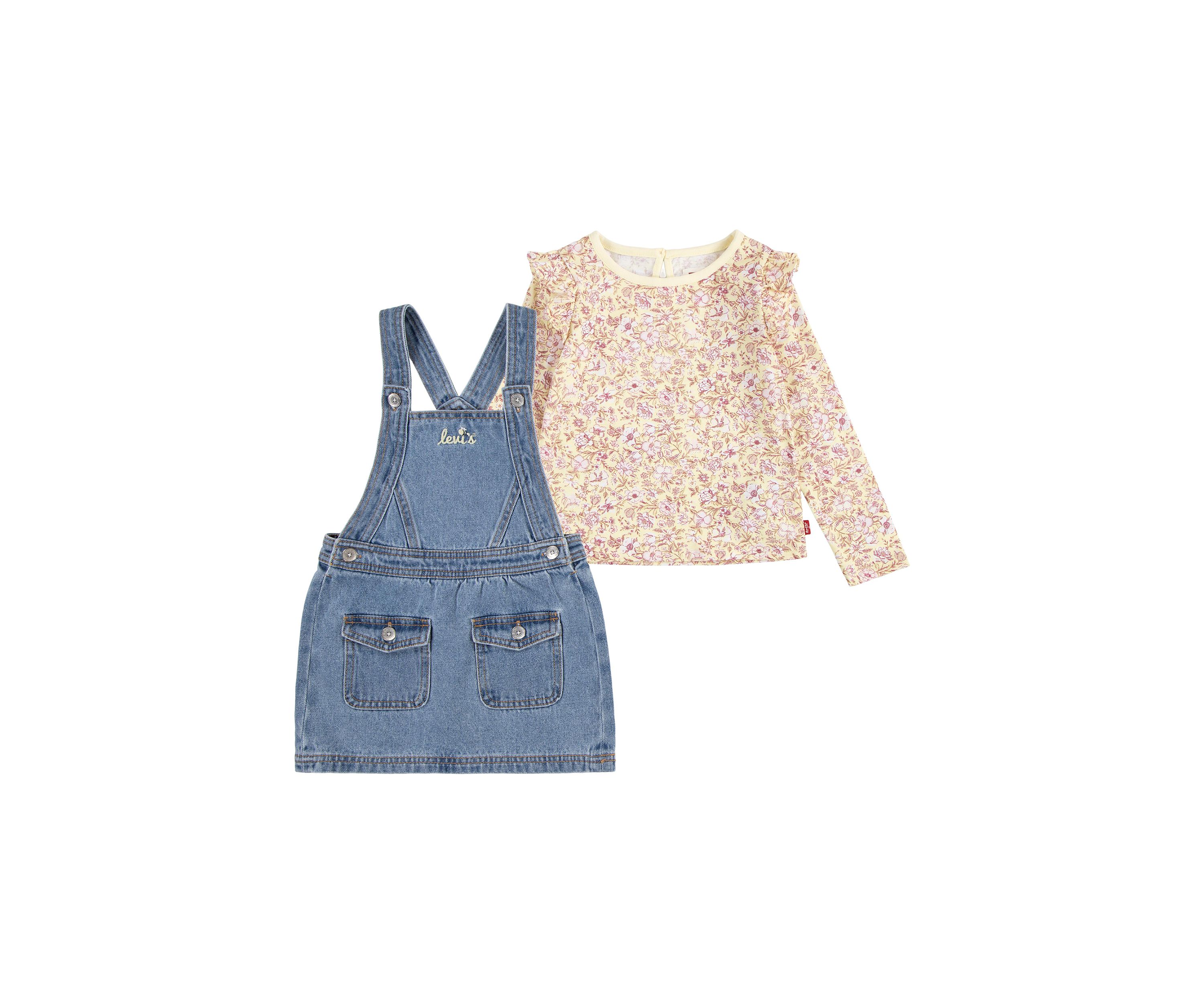 Toddler Girls Printed Pinafore Top and Denim Dress Set
