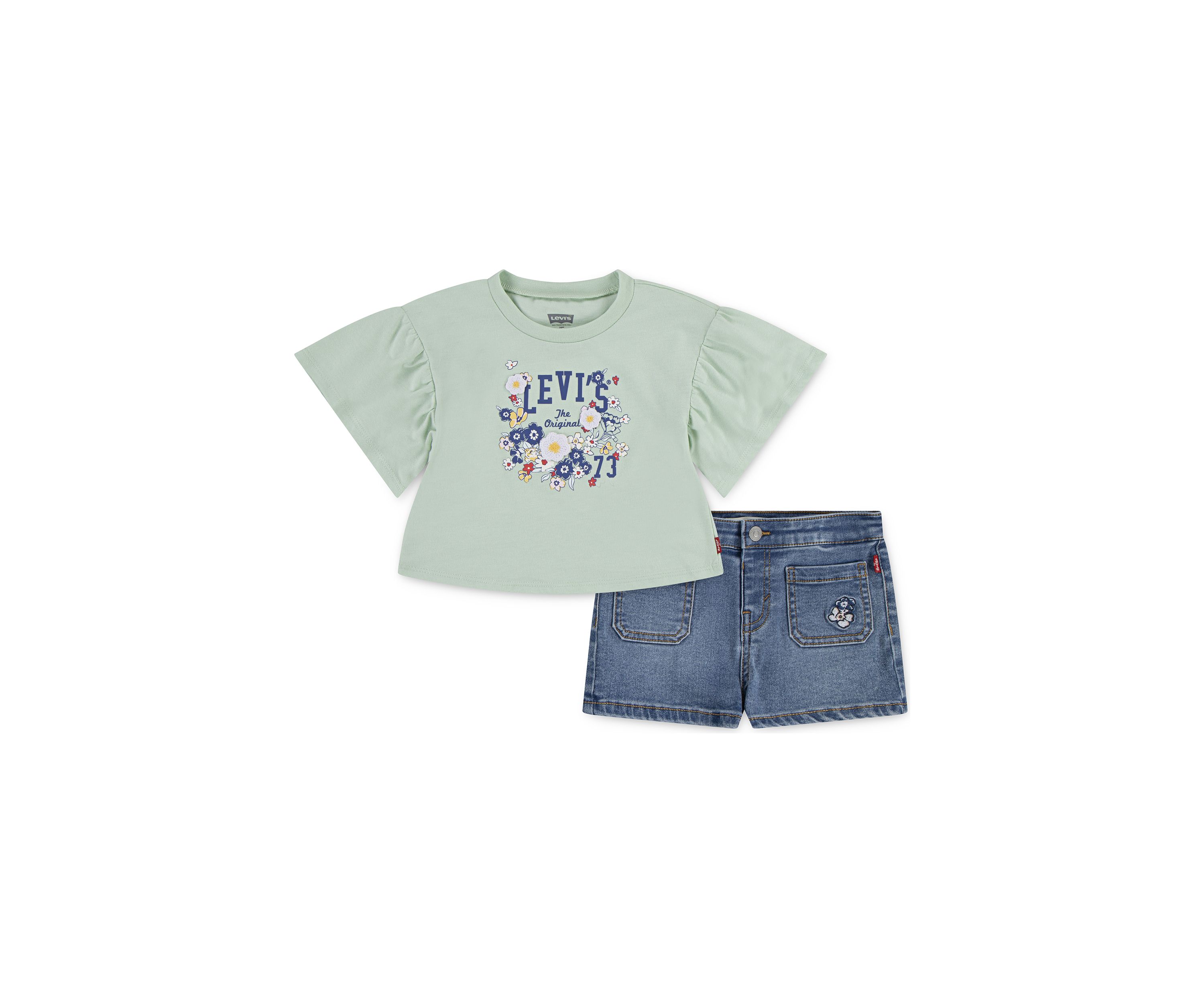 Toddler Girls Graphic Flutter Sleeve T-Shirt and Denim Shorts Set