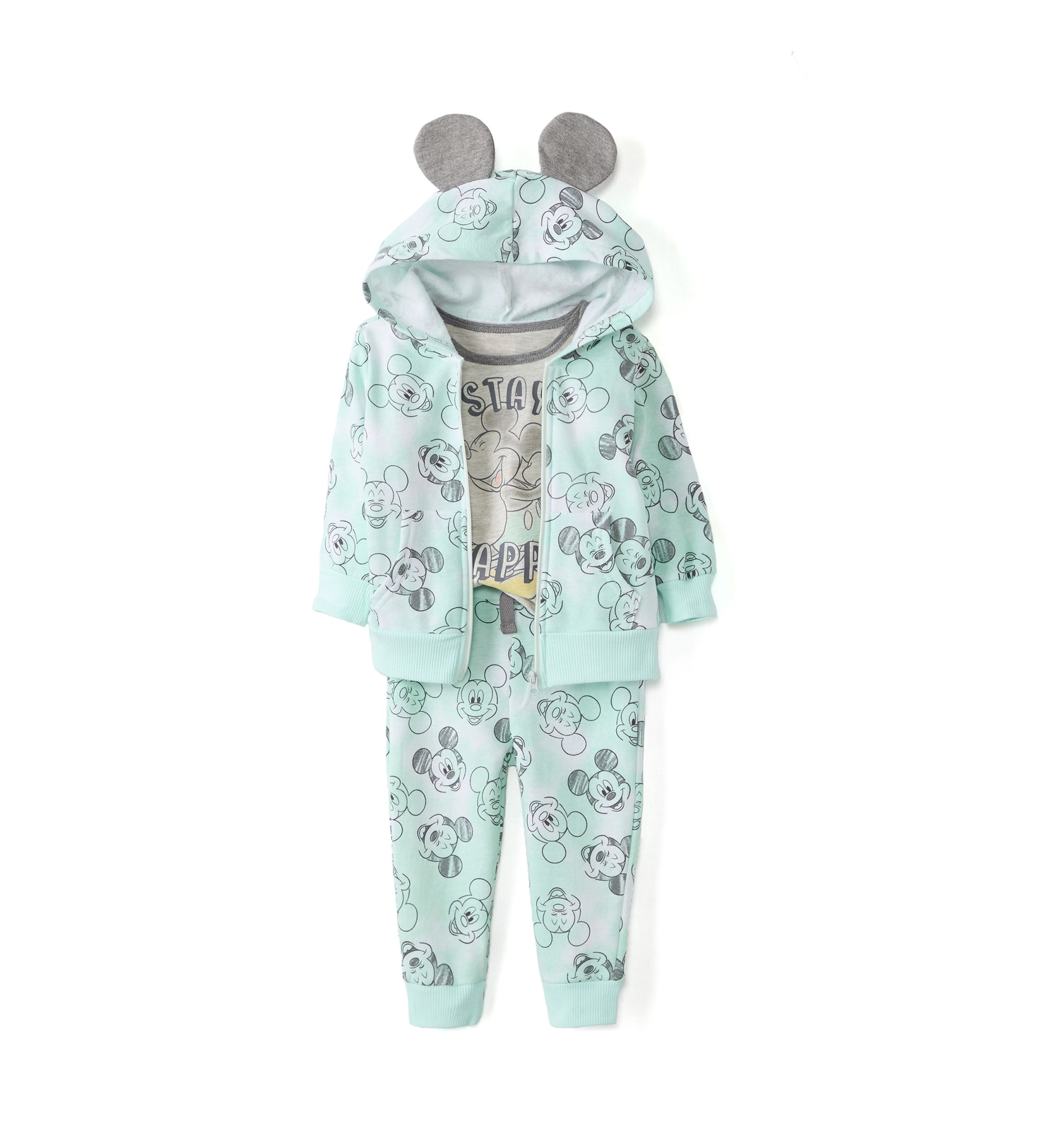 Baby Boys Three Piece Mickey Mouse Printed Jacket and Pants Set