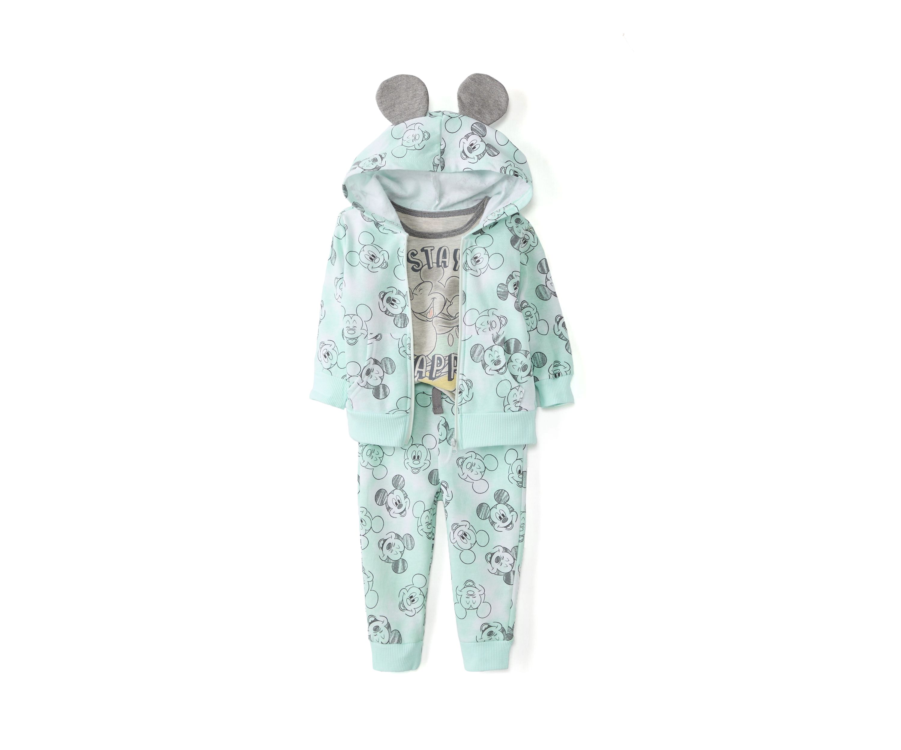Baby Boys Three Piece Mickey Mouse Printed Jacket and Pants Set