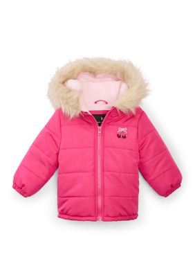 London Fog Baby Girls Long Sleeve Hooded Puffer Jacket, Pink, 12 Months