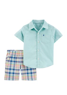 Carter's® Baby Boys 2 Piece Oxford Button Front Shirt and Plaid Shorts Set