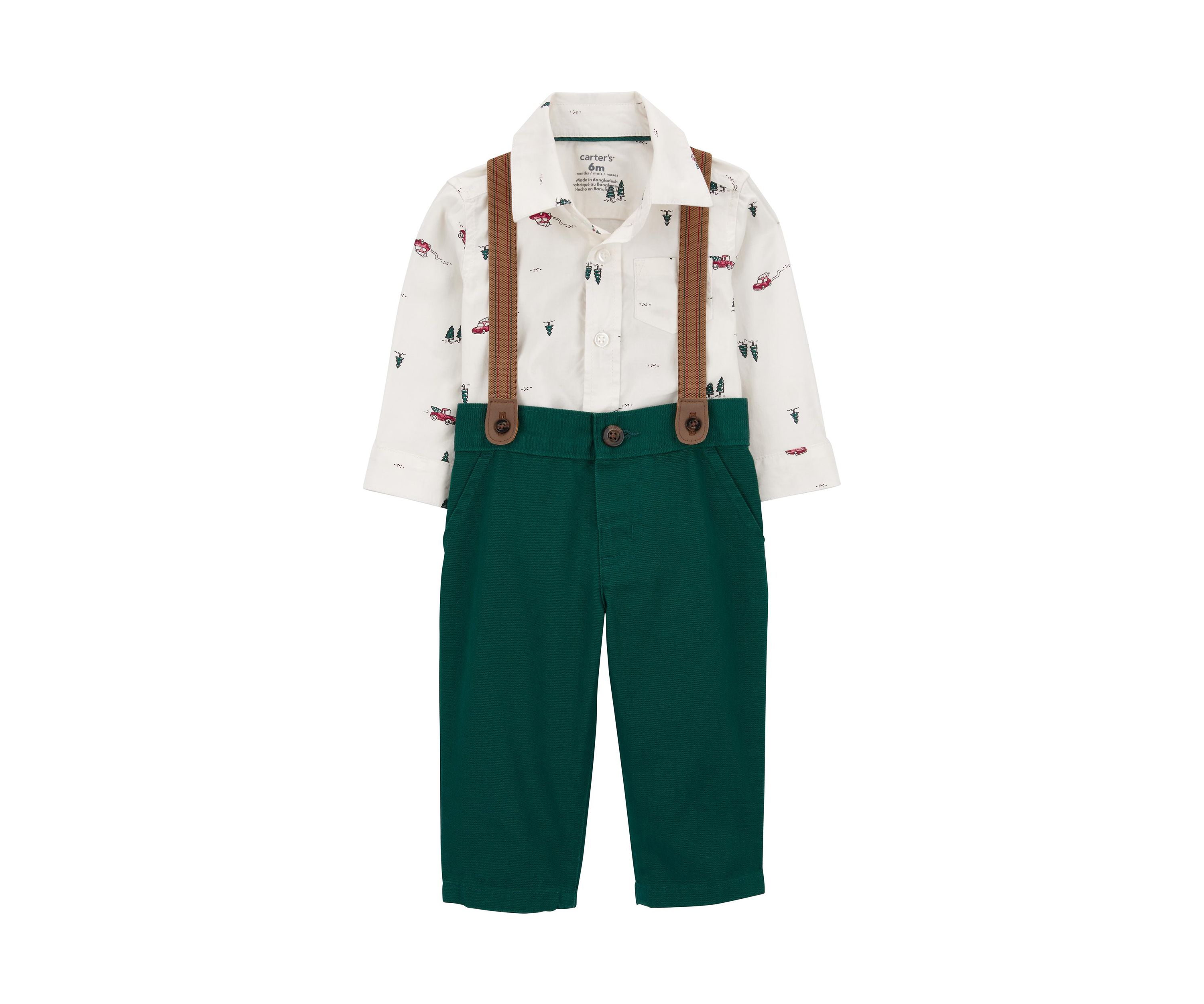 Baby Boys Printed Shirt and Pants Set with Suspenders